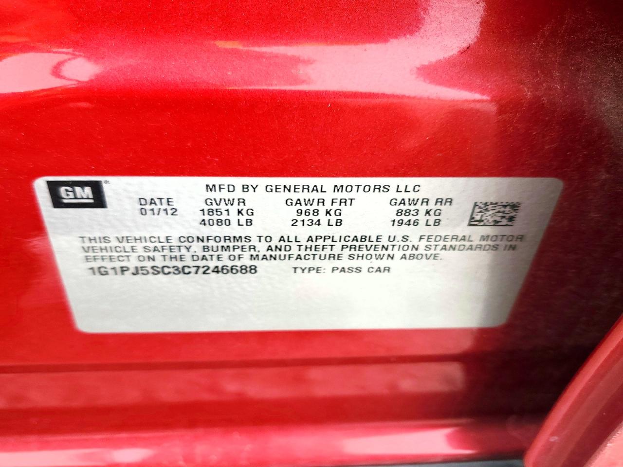 2012 Chevrolet Cruze Eco Red vin: 1G1PJ5SC3C7246688