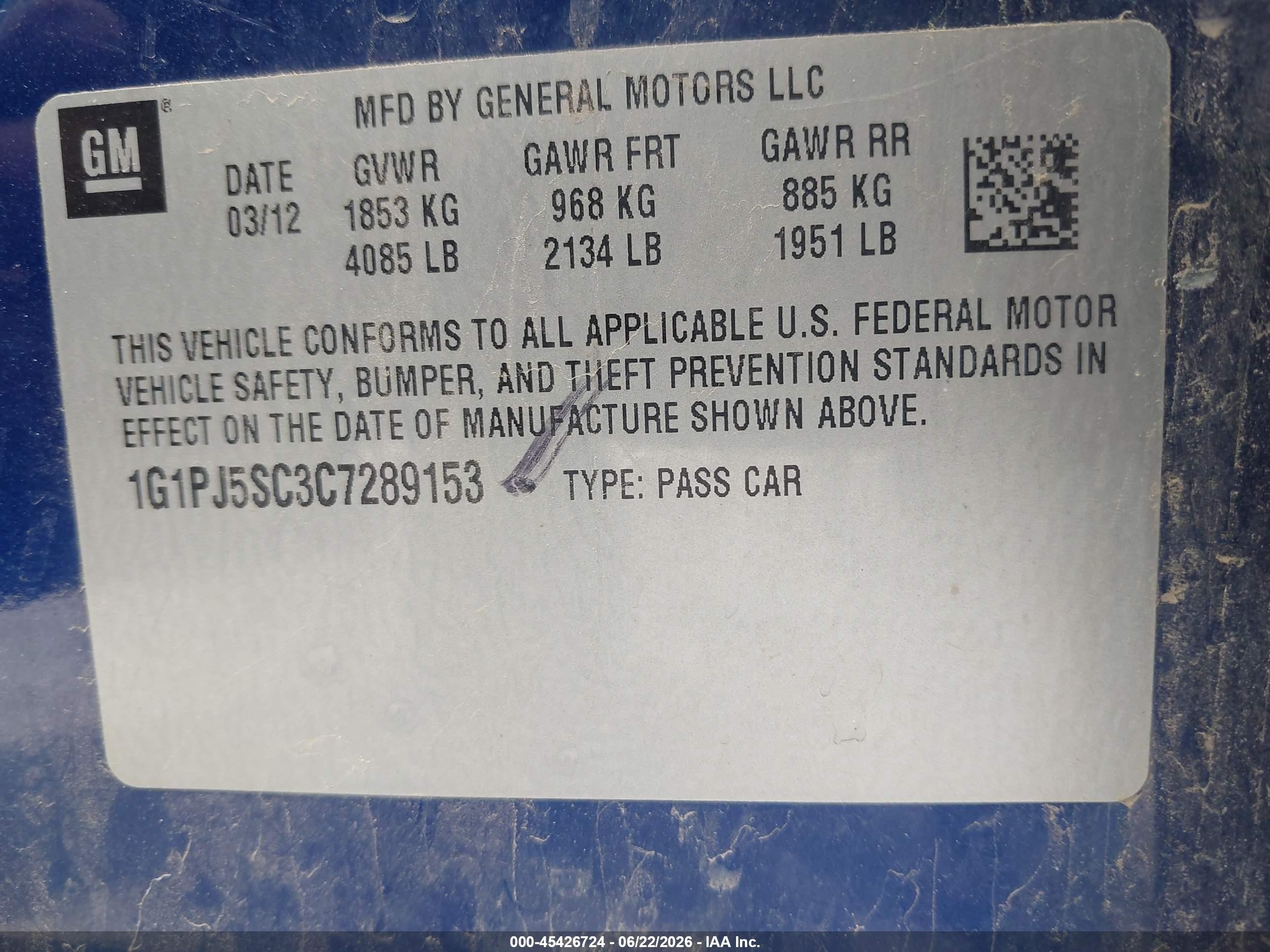 2012 Chevrolet Cruze Eco Blue vin: 1G1PJ5SC3C7289153