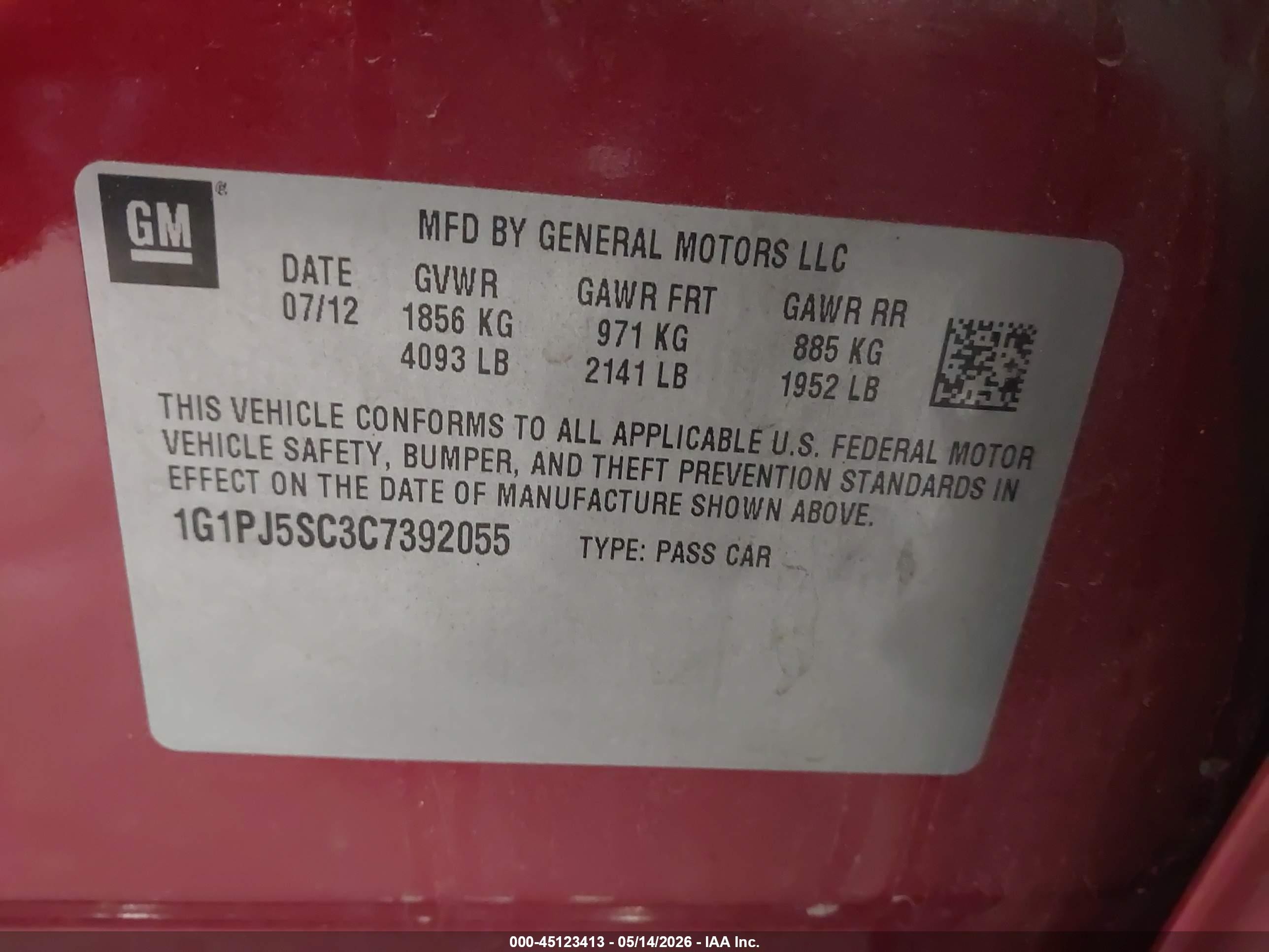 2012 Chevrolet Cruze Eco Red vin: 1G1PJ5SC3C7392055