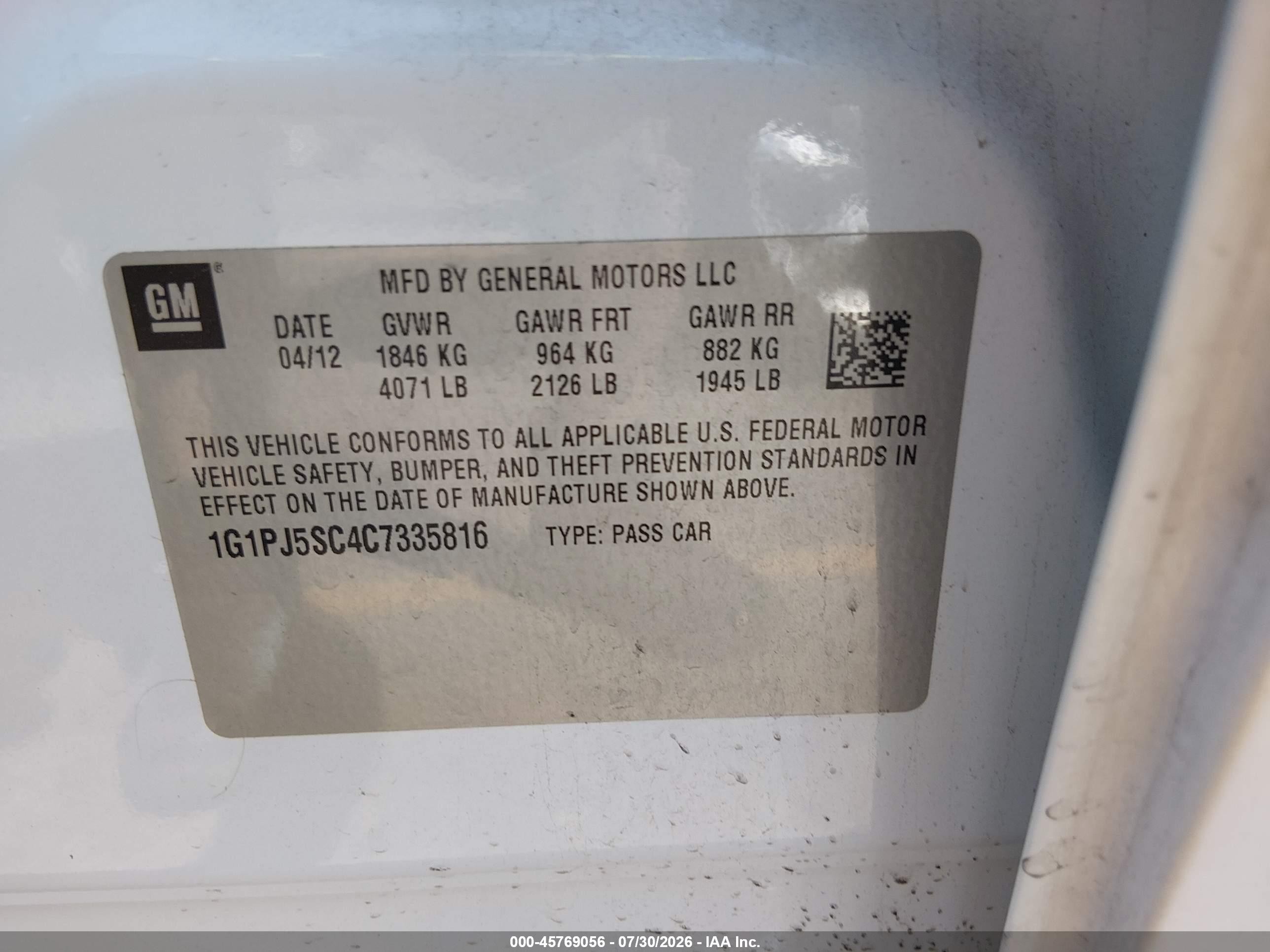 2012 Chevrolet Cruze Eco White vin: 1G1PJ5SC4C7335816