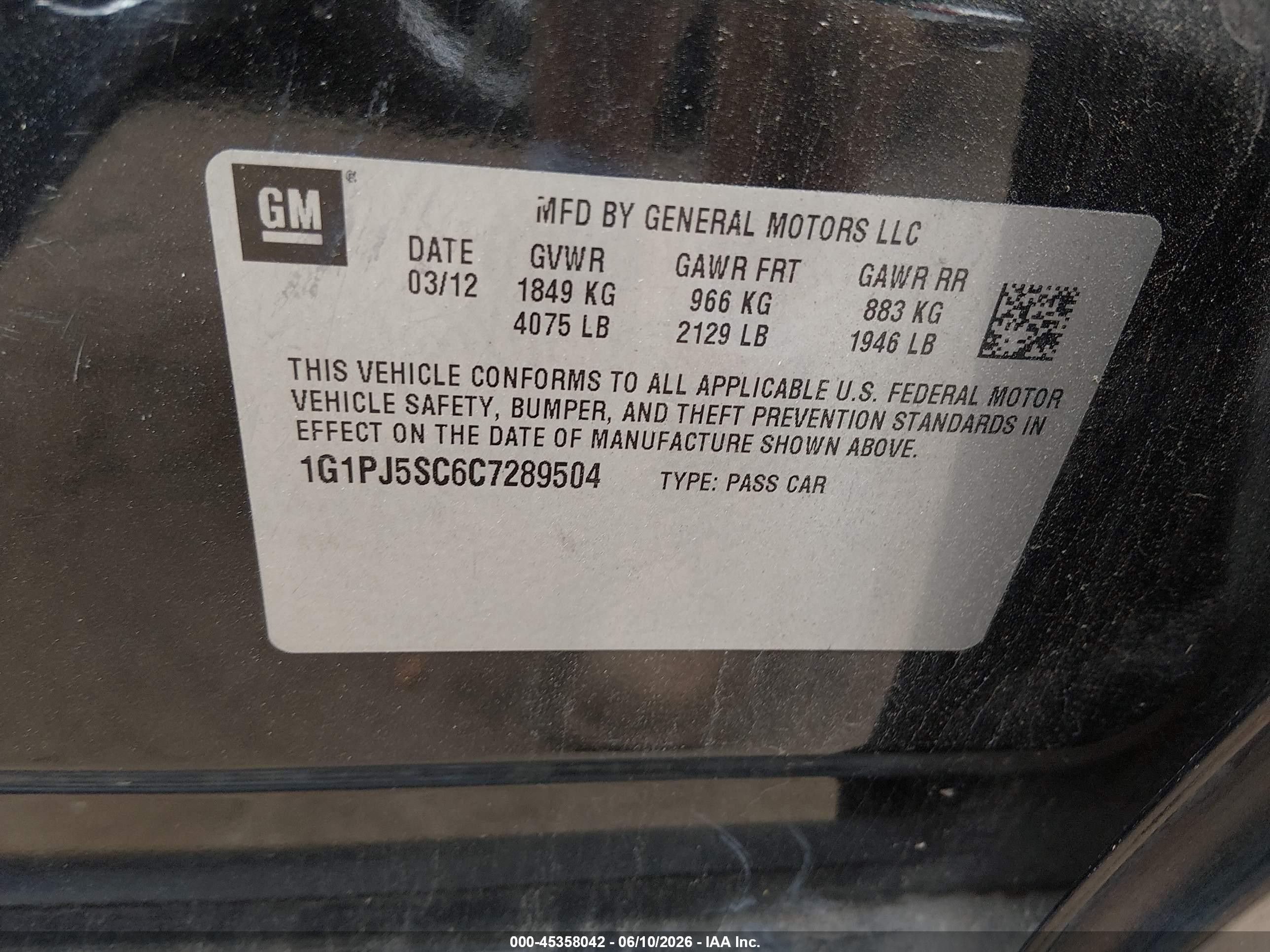 2012 Chevrolet Cruze Eco Black vin: 1G1PJ5SC6C7289504
