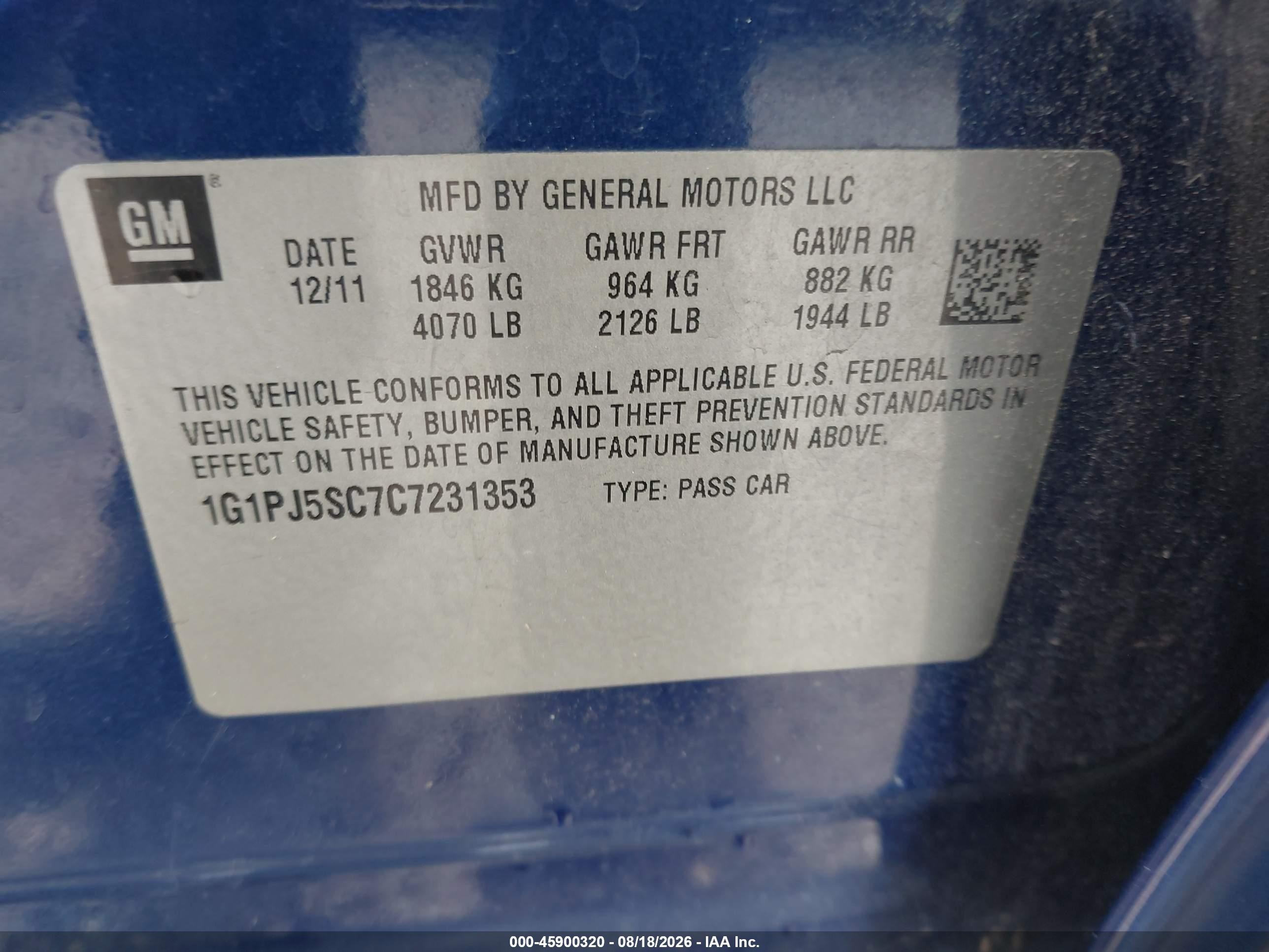 2012 Chevrolet Cruze Eco Синий vin: 1G1PJ5SC7C7231353