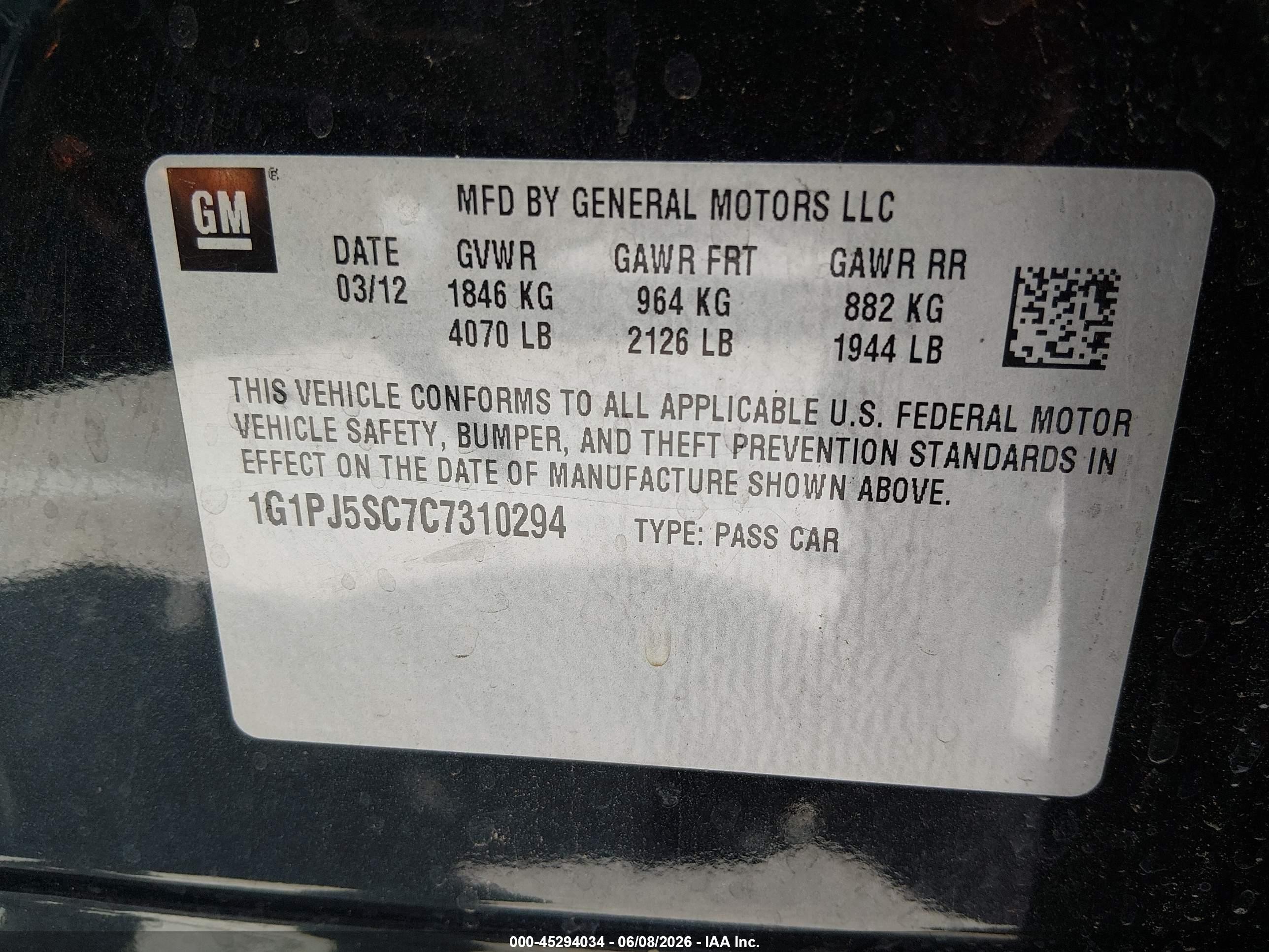2012 Chevrolet Cruze Eco Black vin: 1G1PJ5SC7C7310294