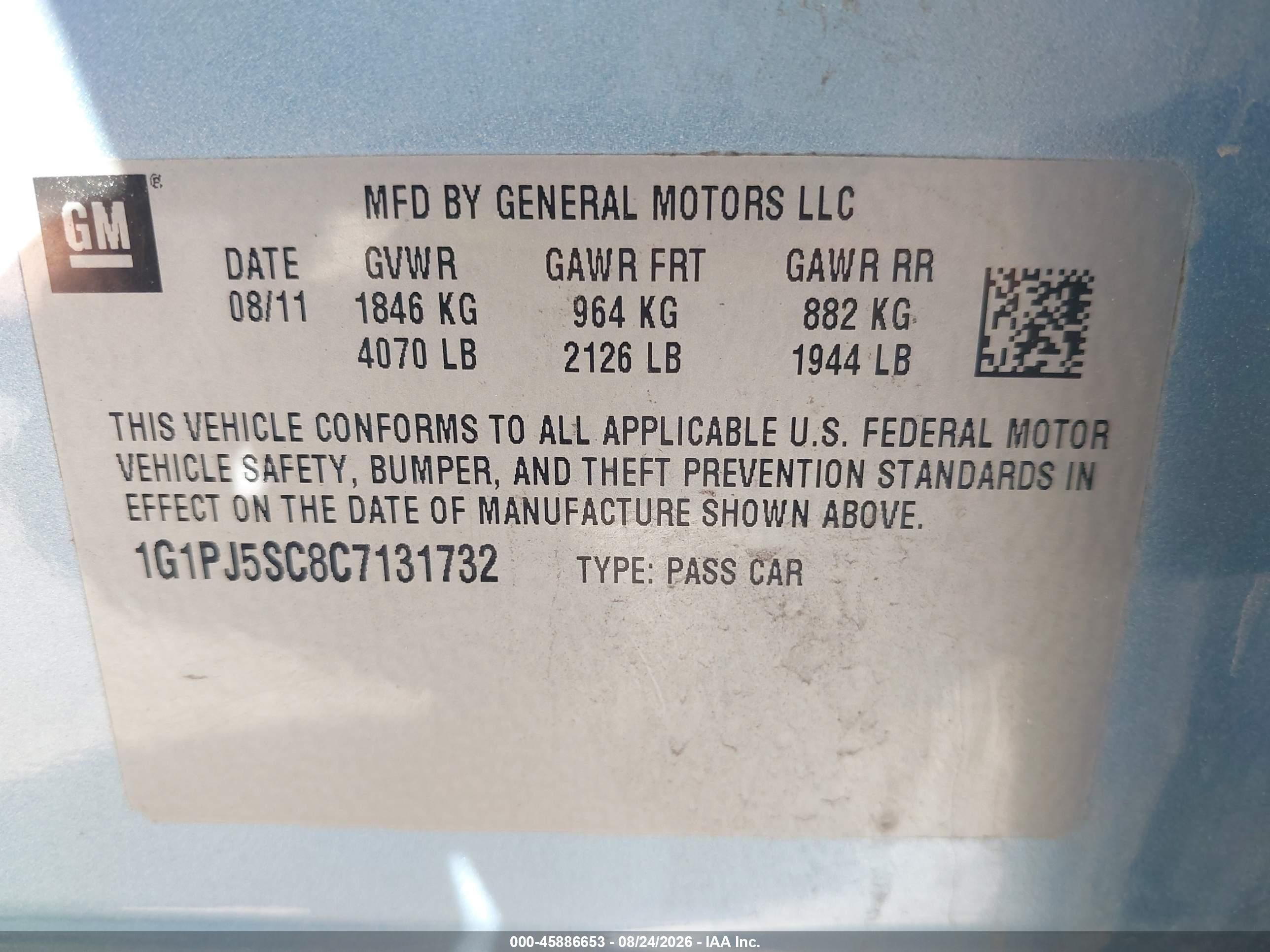 2012 Chevrolet Cruze Eco Light Blue vin: 1G1PJ5SC8C7131732
