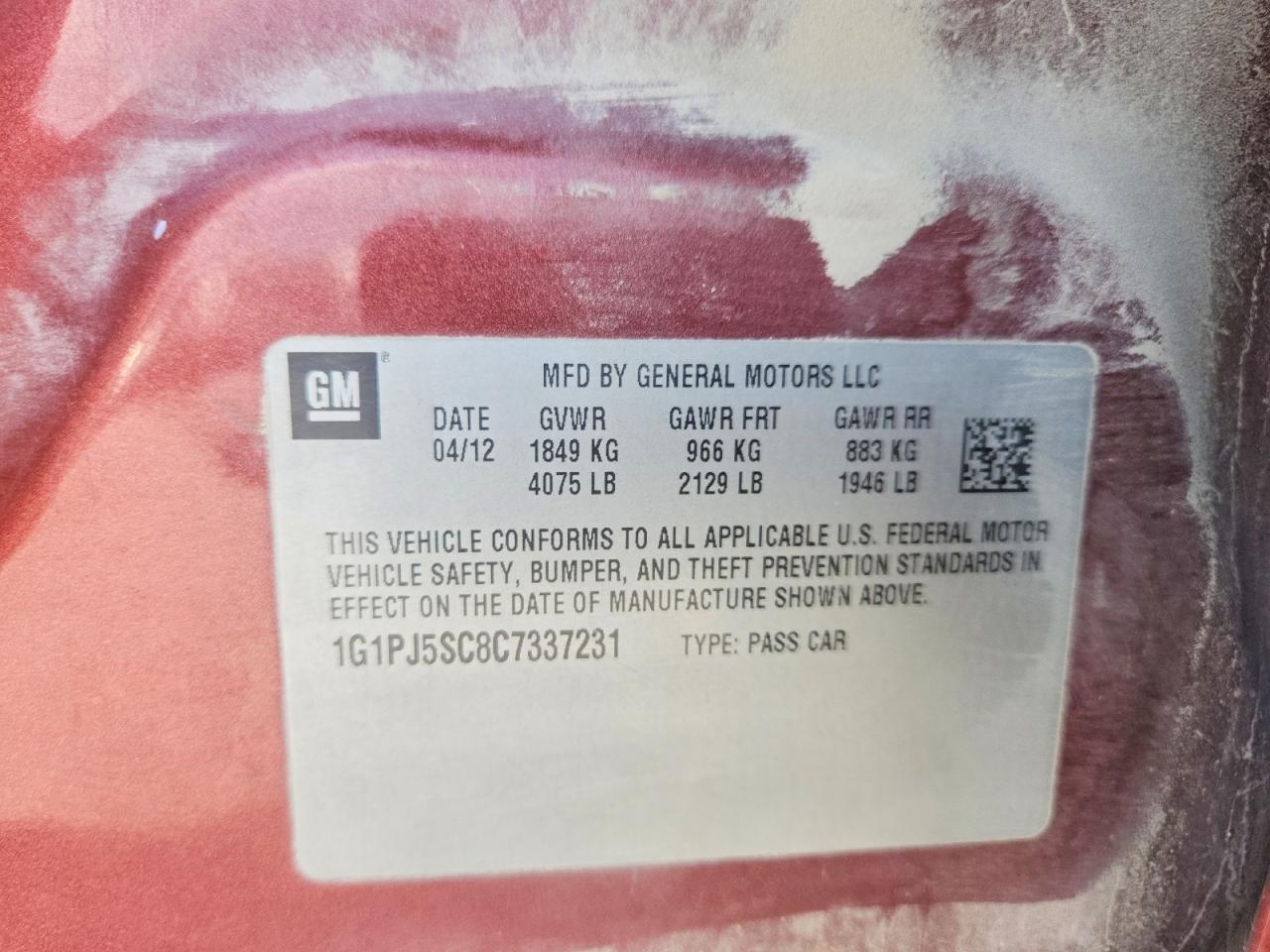 2012 Chevrolet Cruze Eco Red vin: 1G1PJ5SC8C7337231