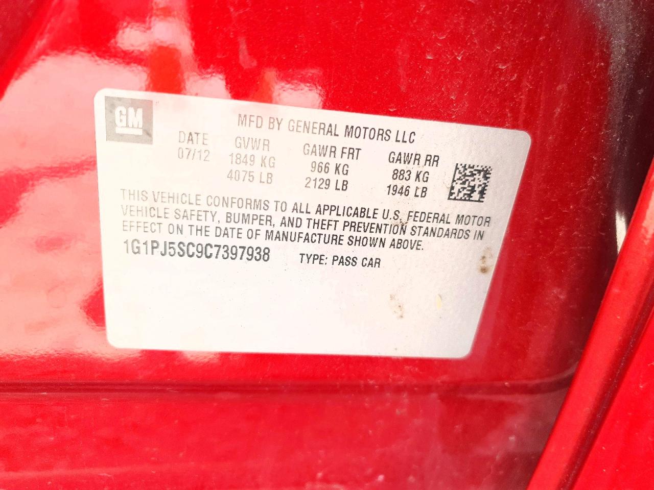 2012 Chevrolet Cruze Eco Red vin: 1G1PJ5SC9C7397938