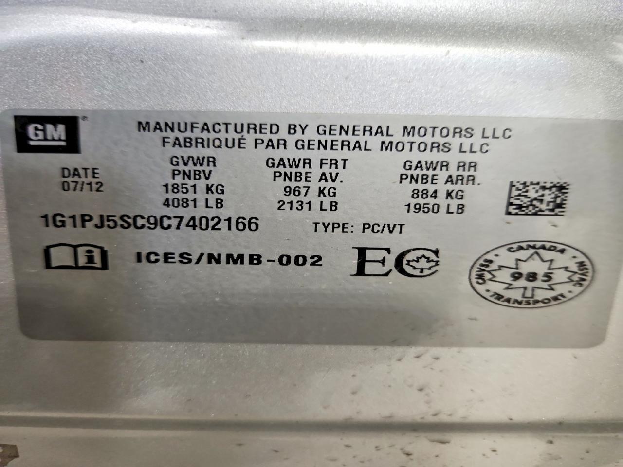 2012 Chevrolet Cruze Eco Silver vin: 1G1PJ5SC9C7402166