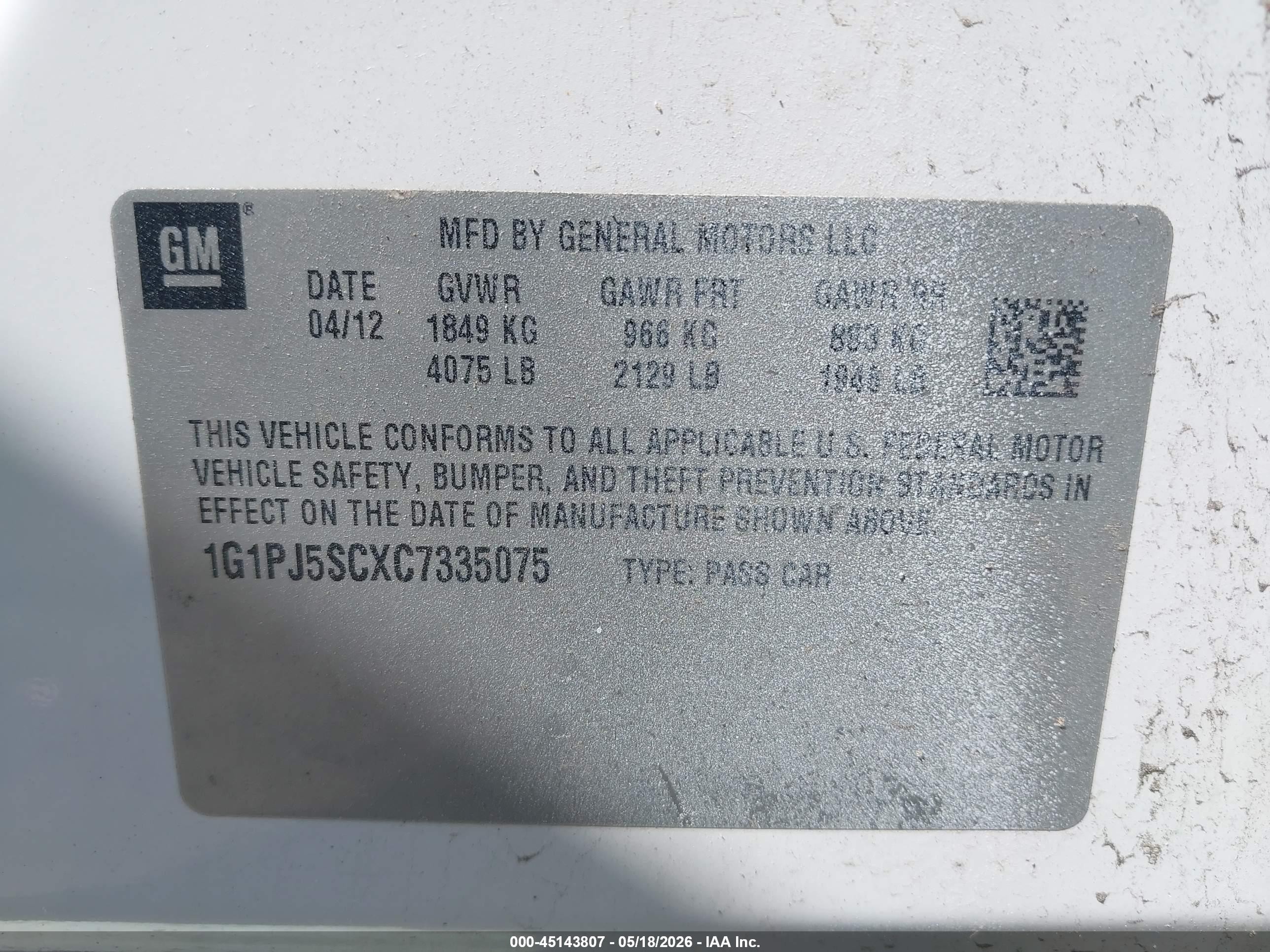 2012 Chevrolet Cruze Eco White vin: 1G1PJ5SCXC7335075