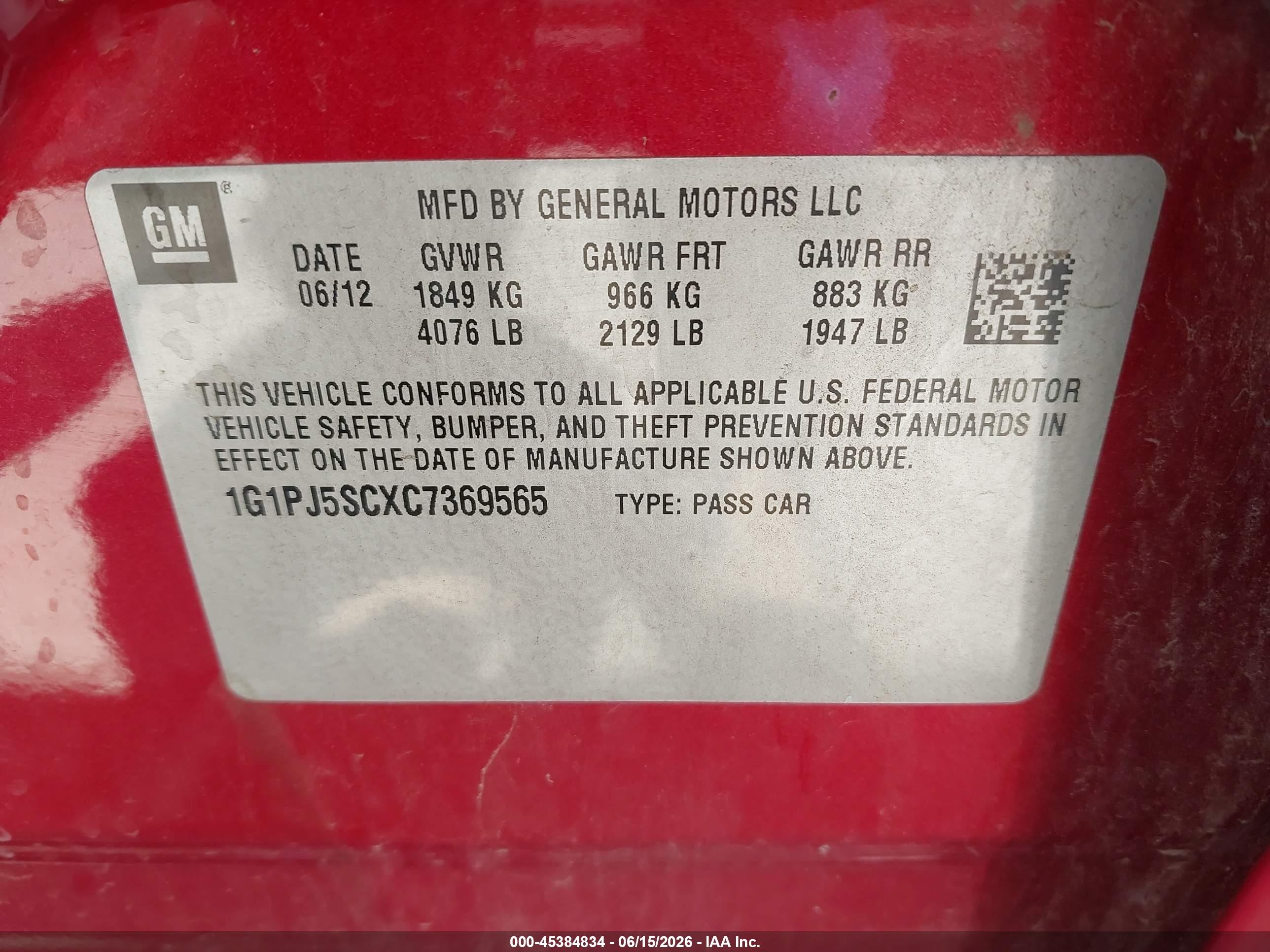 2012 Chevrolet Cruze Eco Red vin: 1G1PJ5SCXC7369565