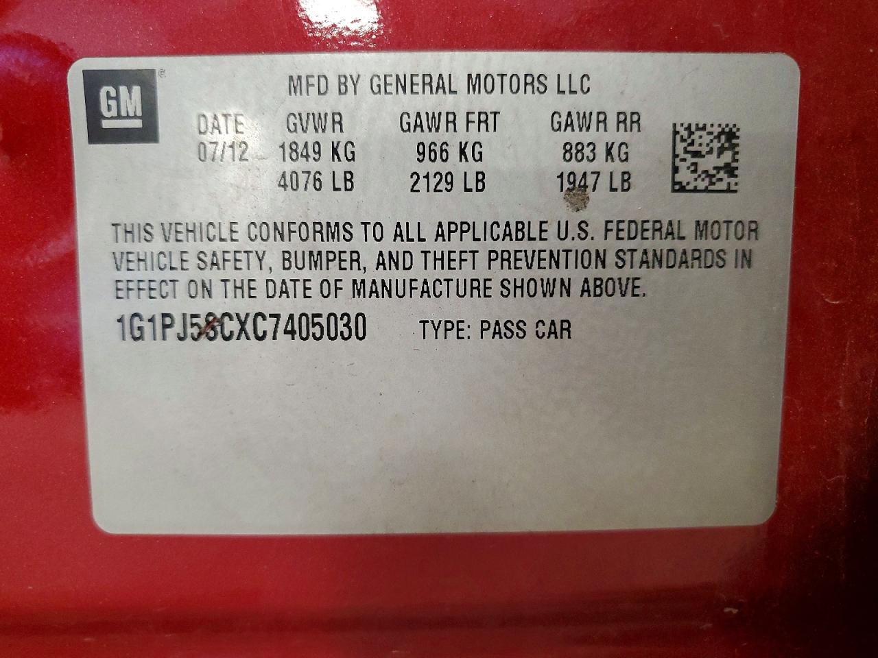 2012 Chevrolet Cruze Eco Red vin: 1G1PJ5SCXC7405030