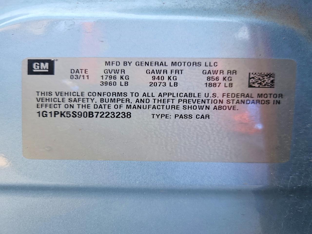 2011 Chevrolet Cruze Eco Blue vin: 1G1PK5S90B7223238