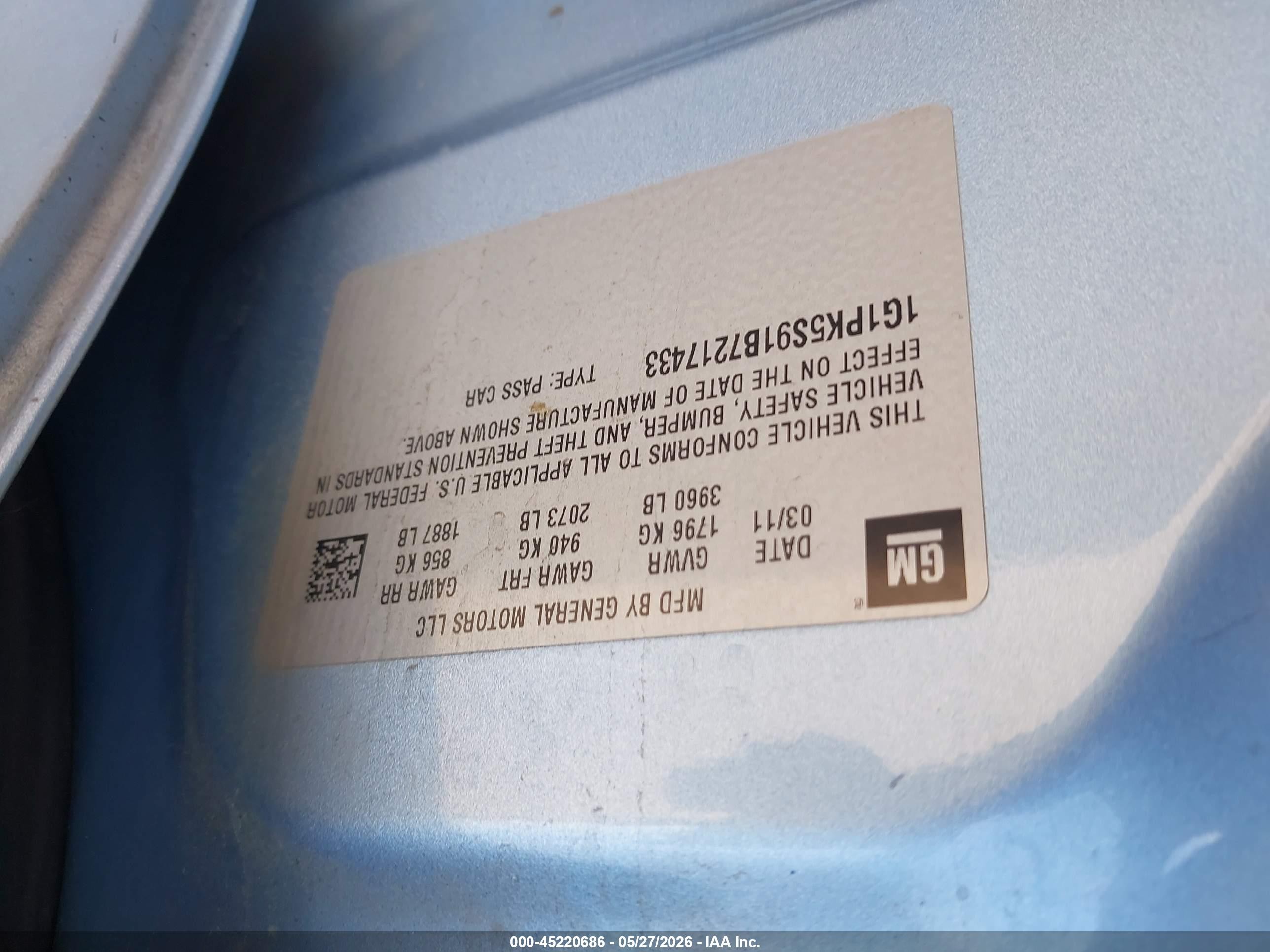 2011 Chevrolet Cruze Eco Light Blue vin: 1G1PK5S91B7217433