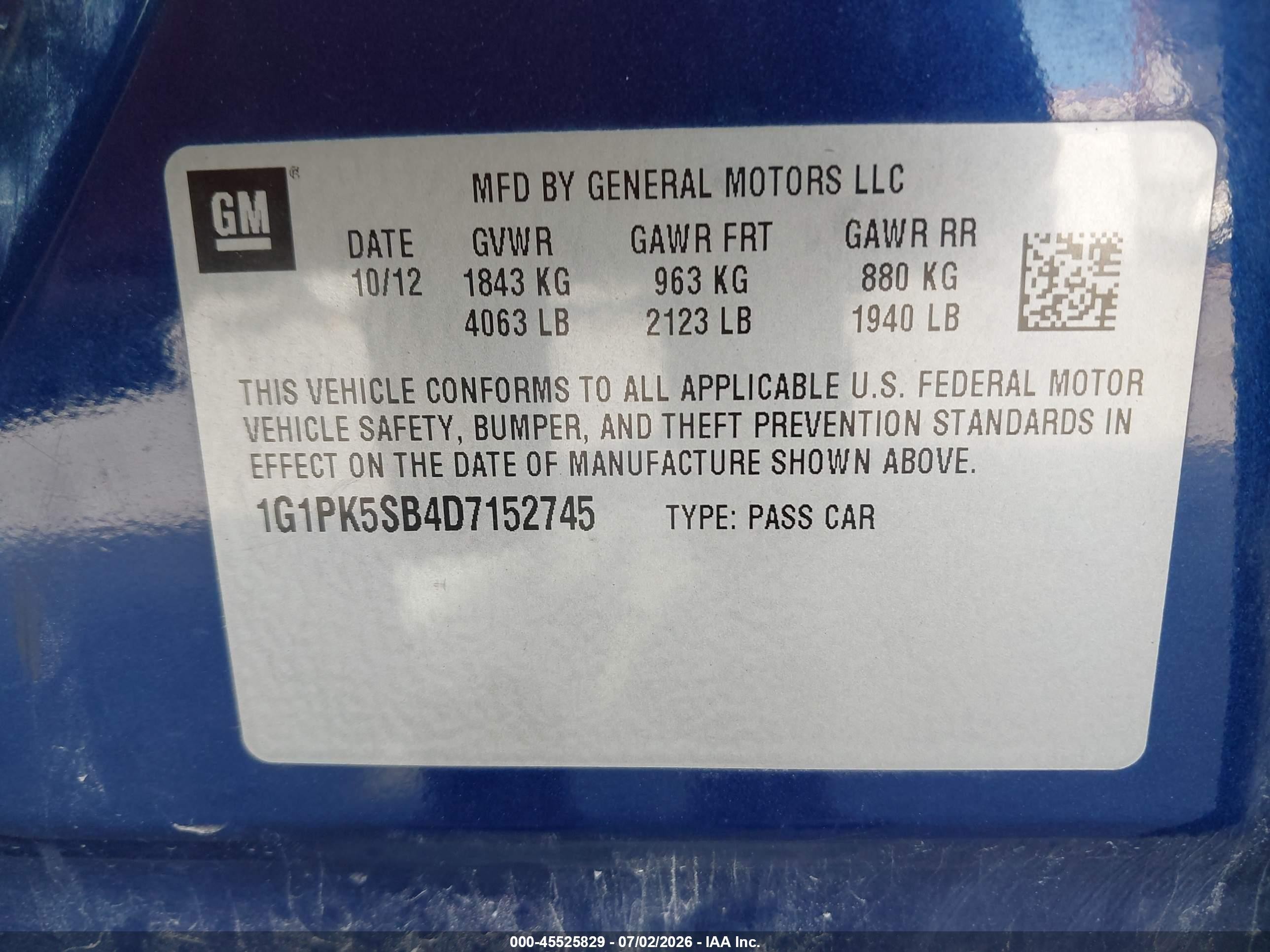 2013 Chevrolet Cruze Lt Blue vin: 1G1PK5SB4D7152745