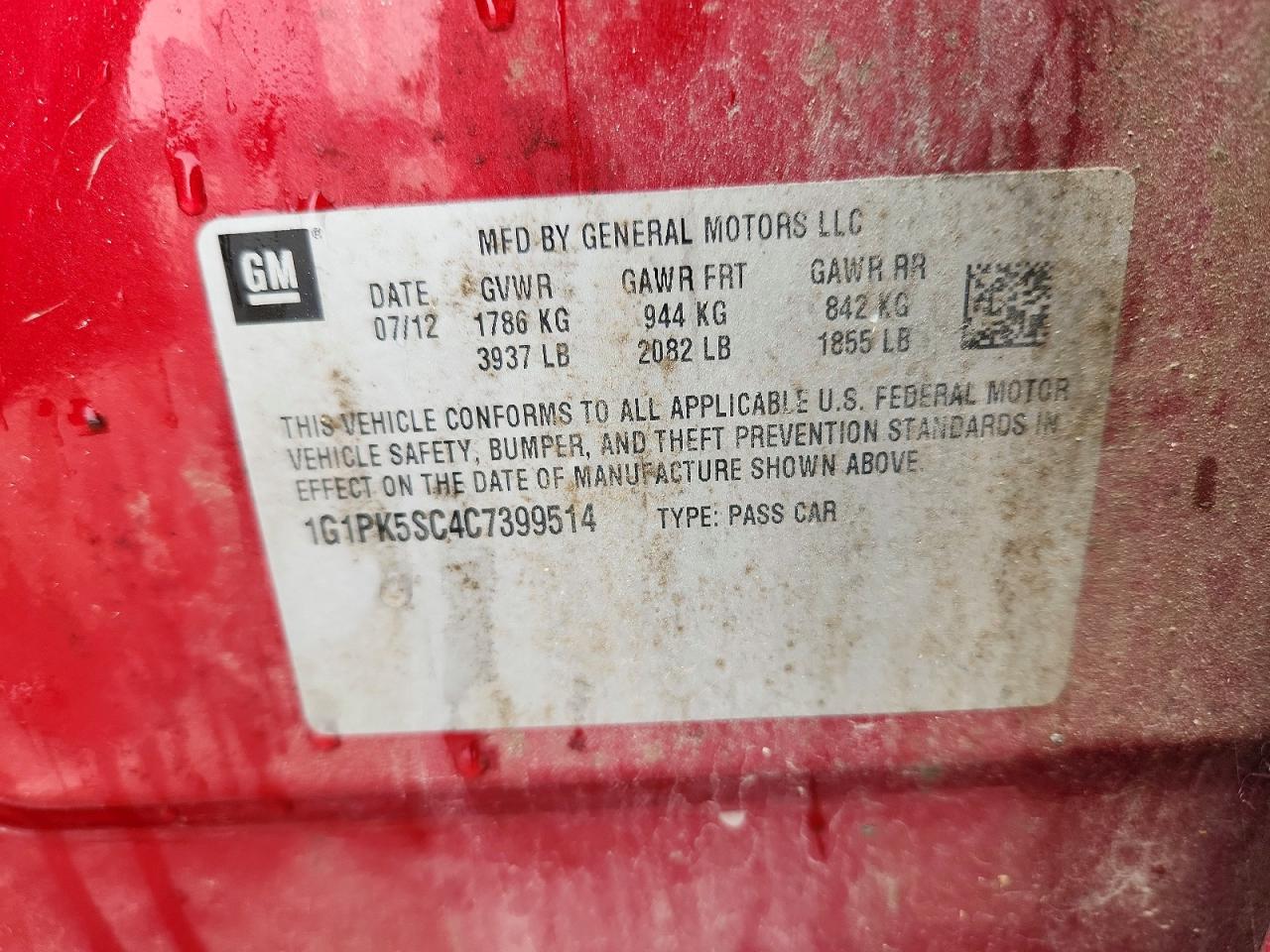 2012 Chevrolet Cruze Eco Red vin: 1G1PK5SC4C7399514
