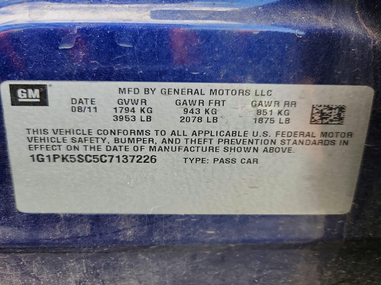 2012 Chevrolet Cruze Eco Blue vin: 1G1PK5SC5C7137226