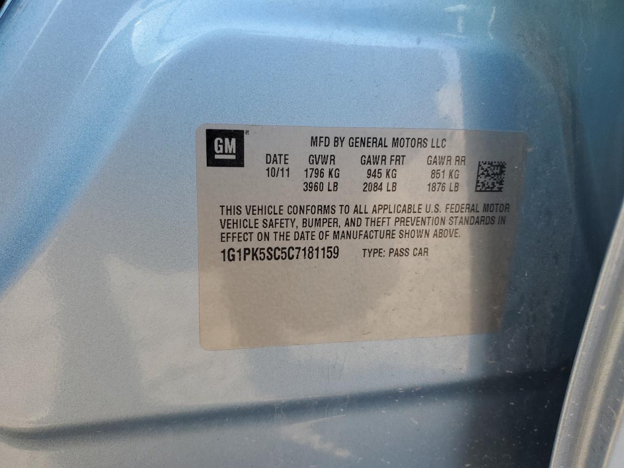 2012 Chevrolet Cruze Eco Blue vin: 1G1PK5SC5C7181159