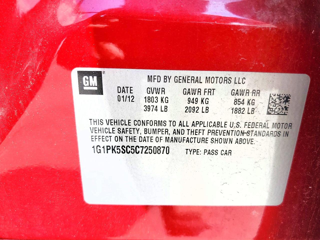 2012 Chevrolet Cruze Eco Red vin: 1G1PK5SC5C7250870