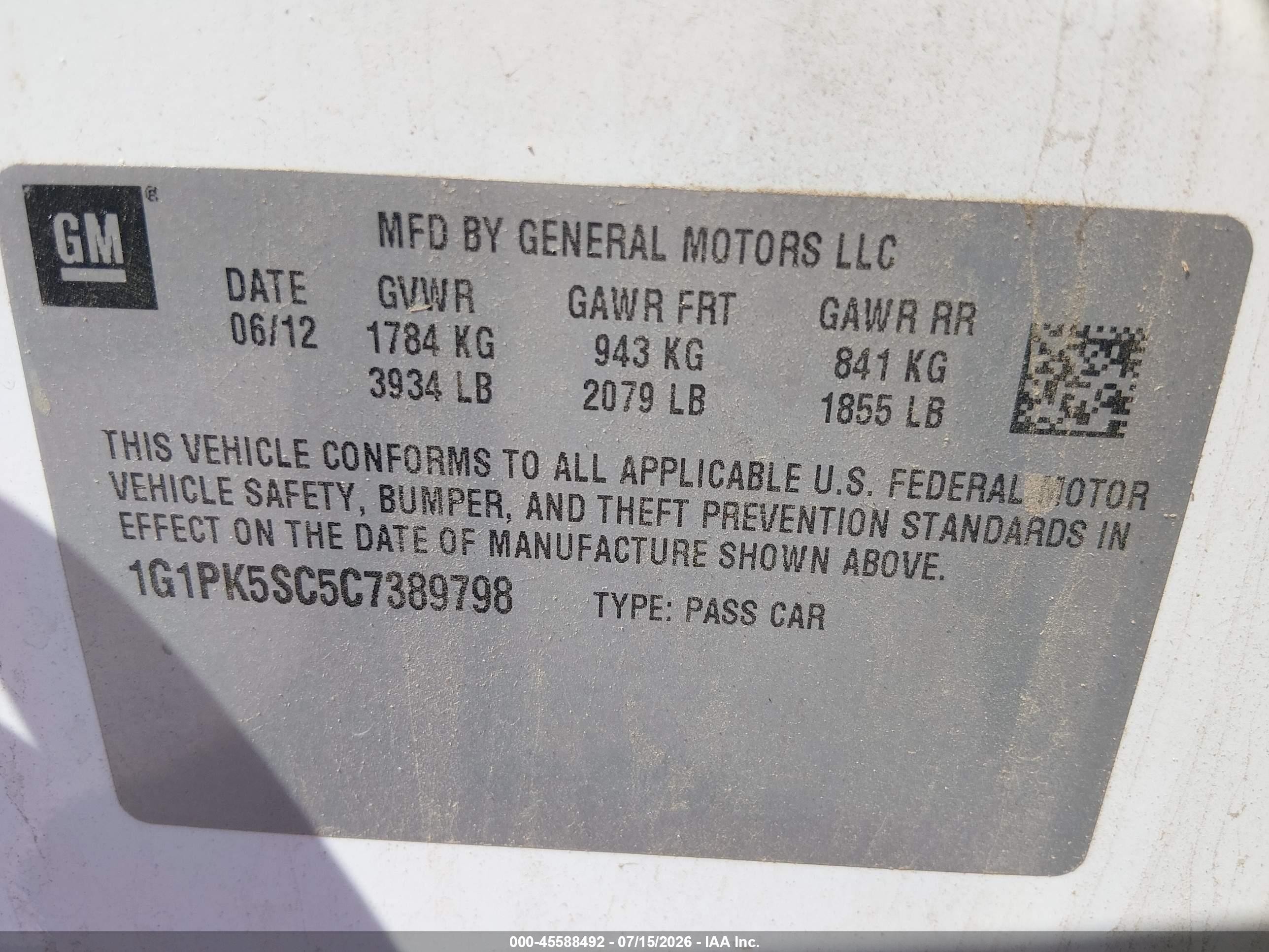 2012 Chevrolet Cruze Eco White vin: 1G1PK5SC5C7389798