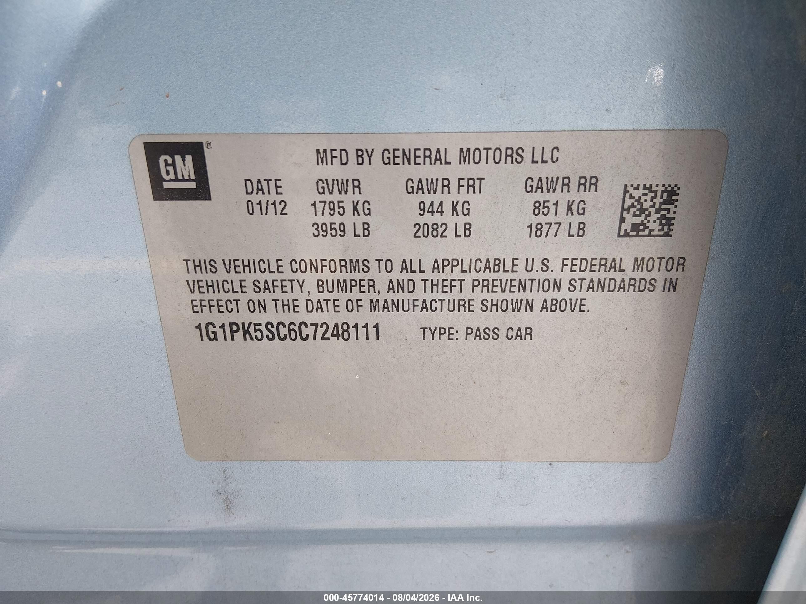 2012 Chevrolet Cruze Eco Light Blue vin: 1G1PK5SC6C7248111