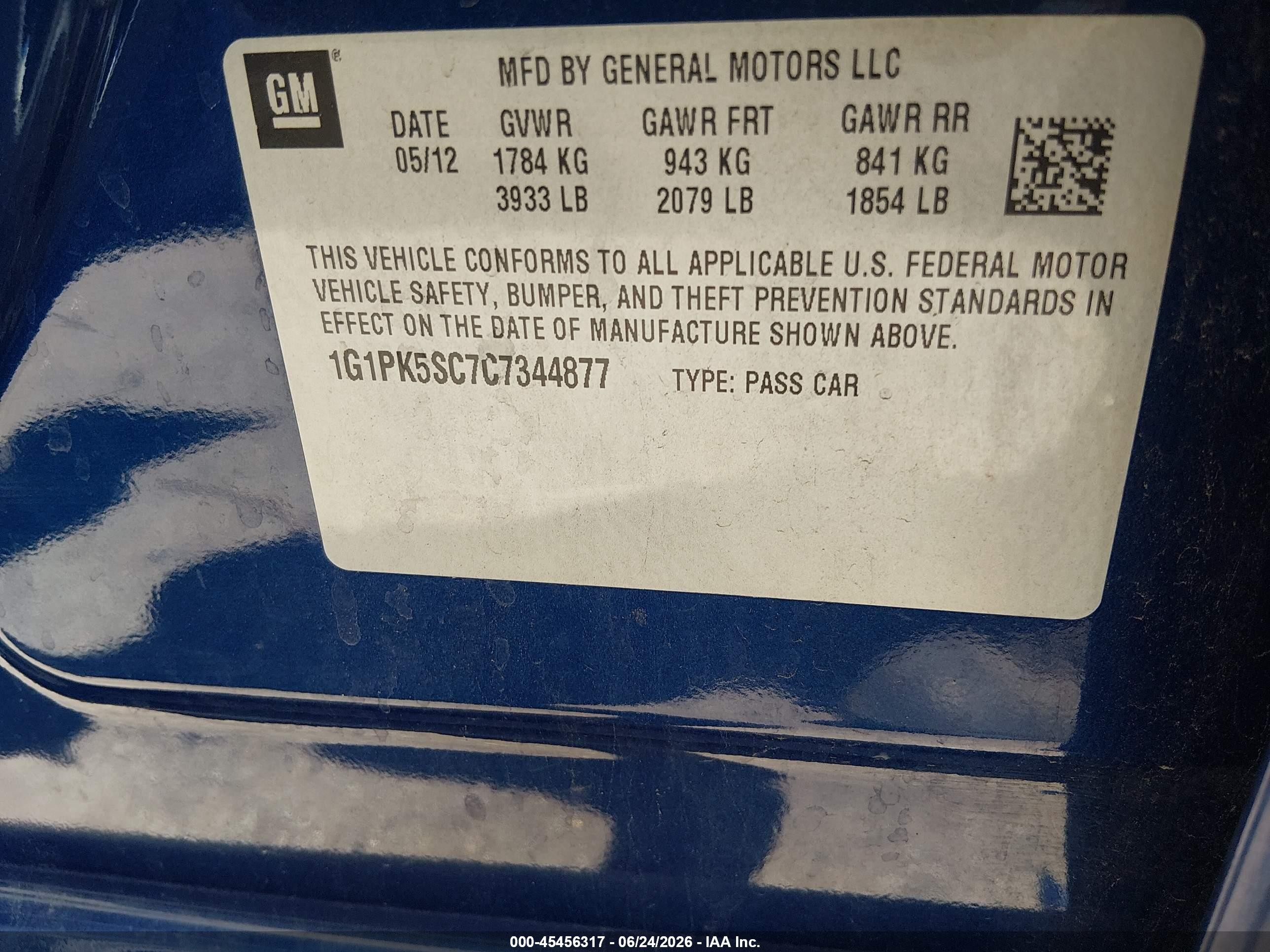 2012 Chevrolet Cruze Eco Blue vin: 1G1PK5SC7C7344877
