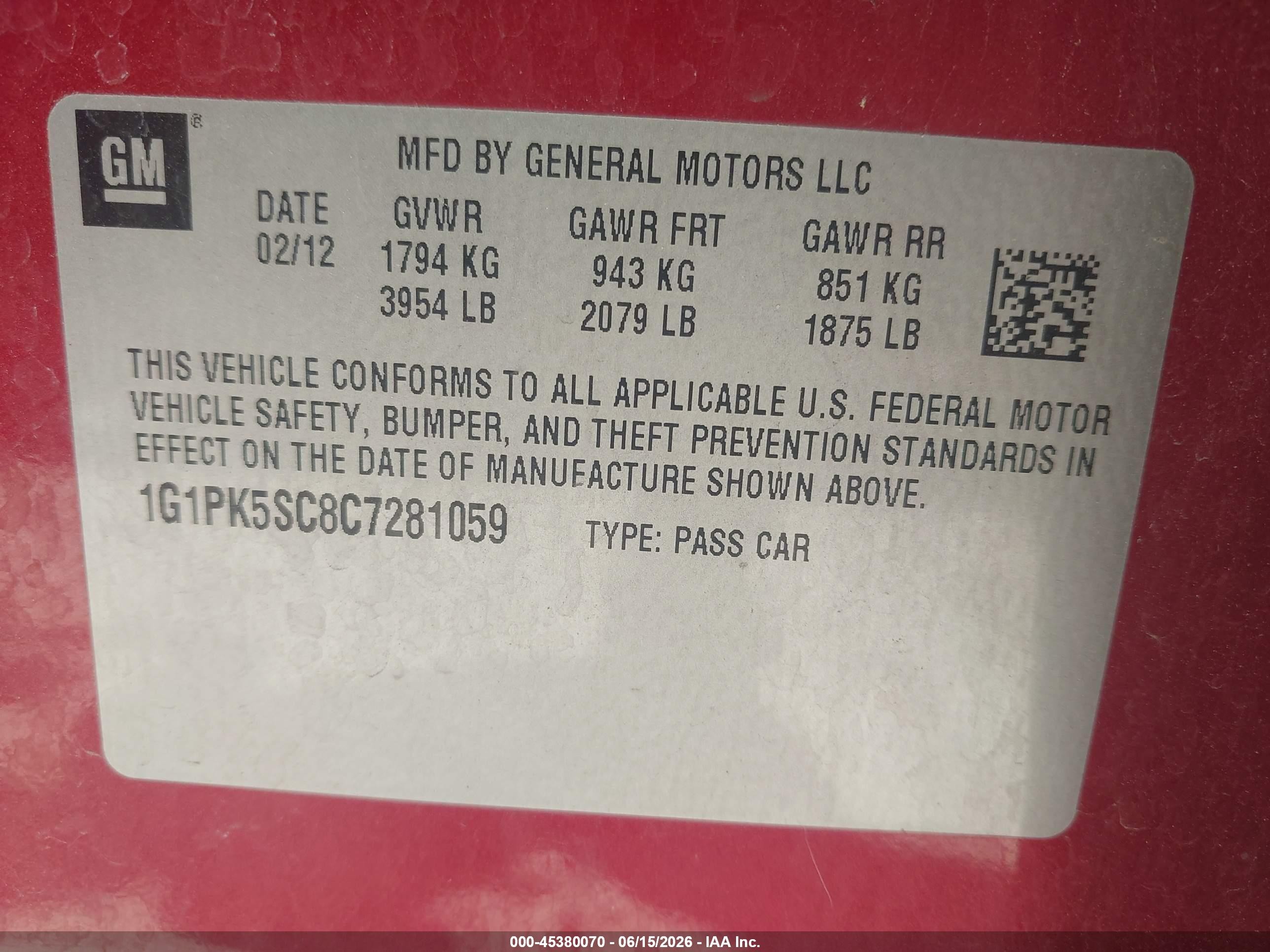 2012 Chevrolet Cruze Eco Red vin: 1G1PK5SC8C7281059