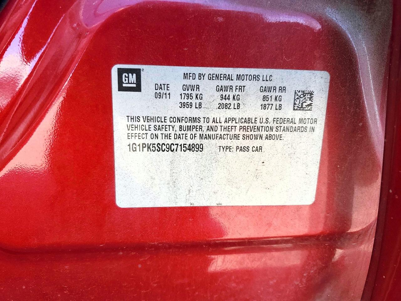 2012 Chevrolet Cruze Eco Red vin: 1G1PK5SC9C7154899