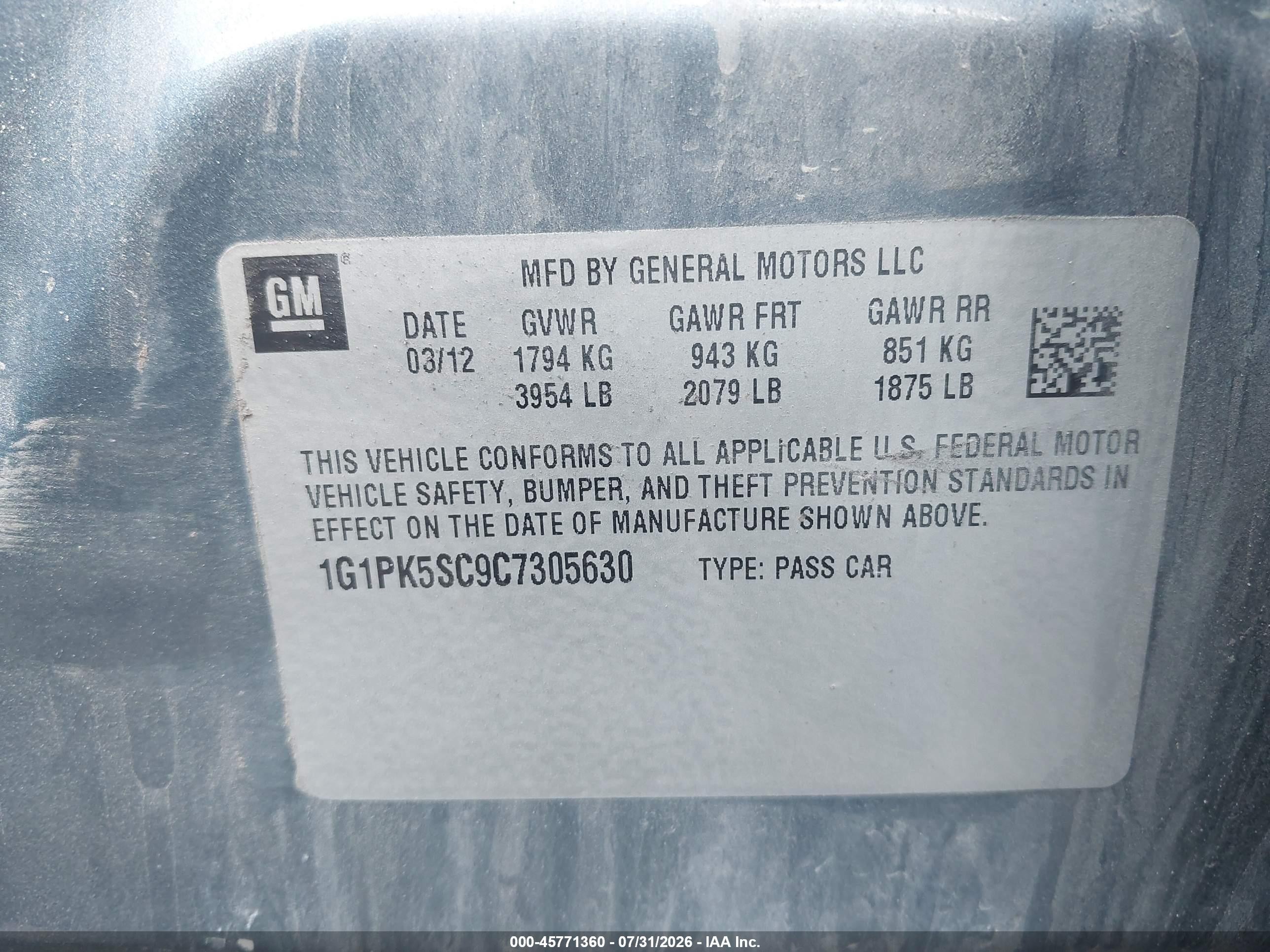 2012 Chevrolet Cruze Eco Blue vin: 1G1PK5SC9C7305630