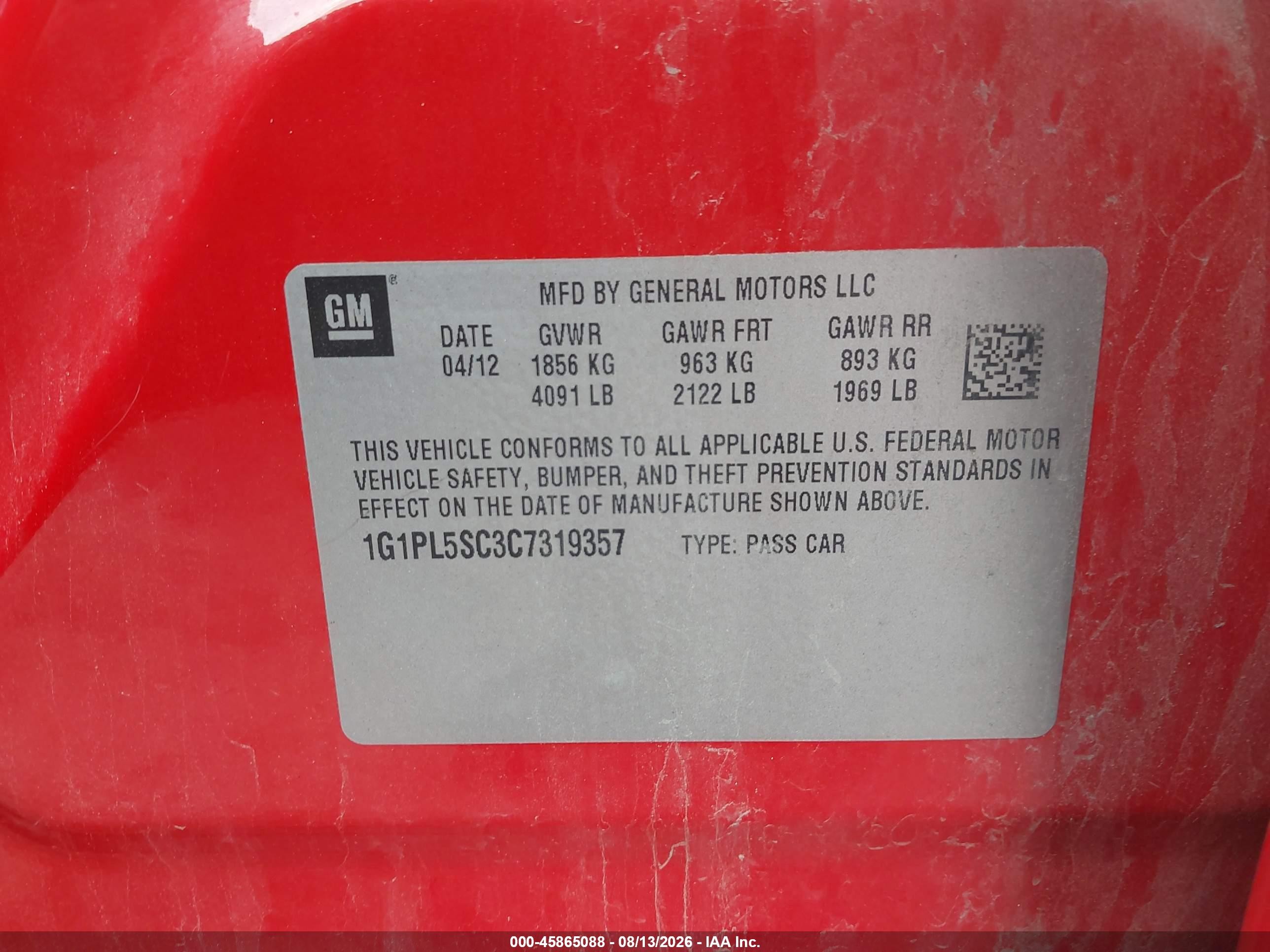 2012 Chevrolet Cruze 1lt Red vin: 1G1PL5SC3C7319357