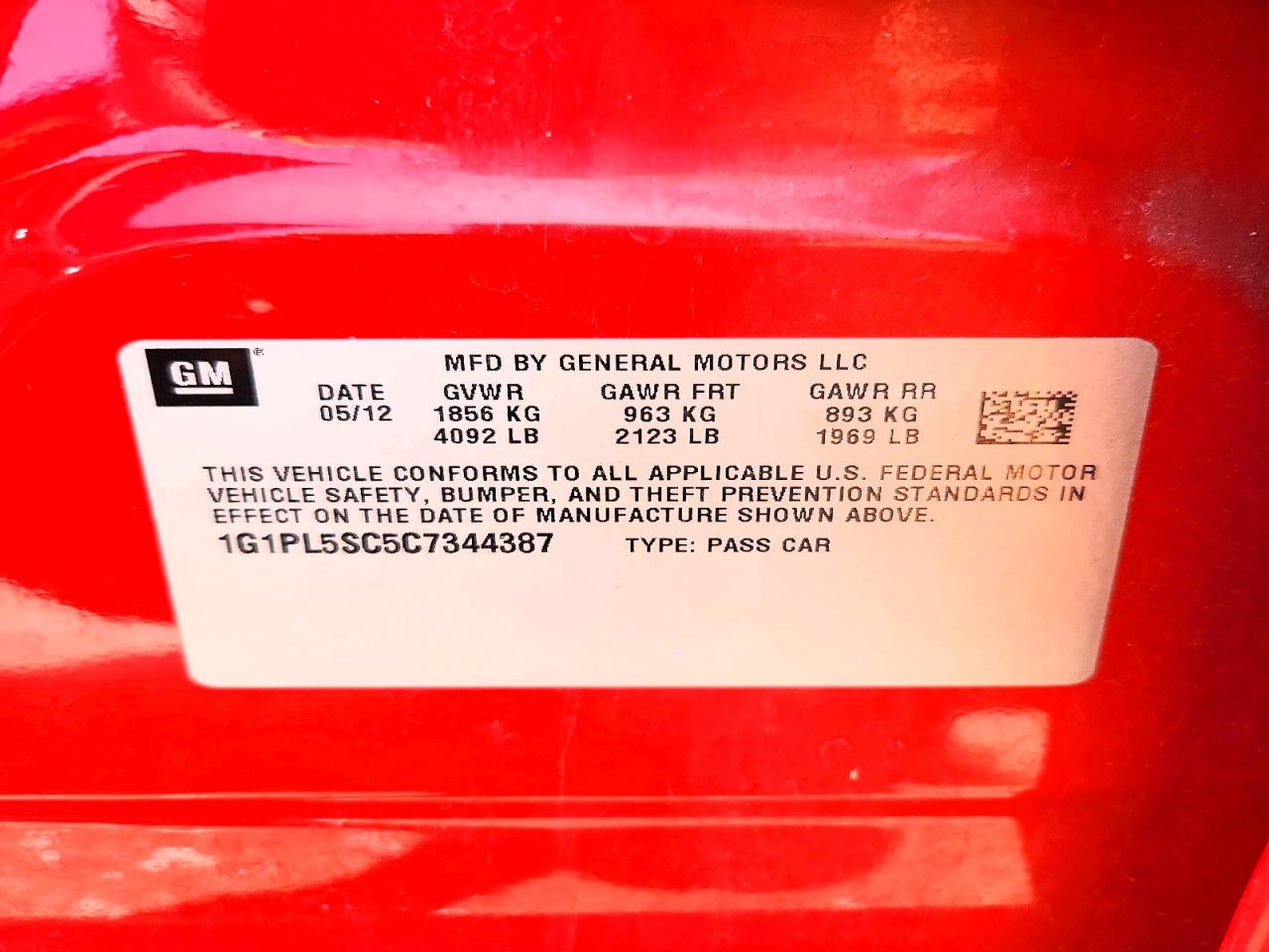 2012 Chevrolet Cruze Lt Red vin: 1G1PL5SC5C7344387