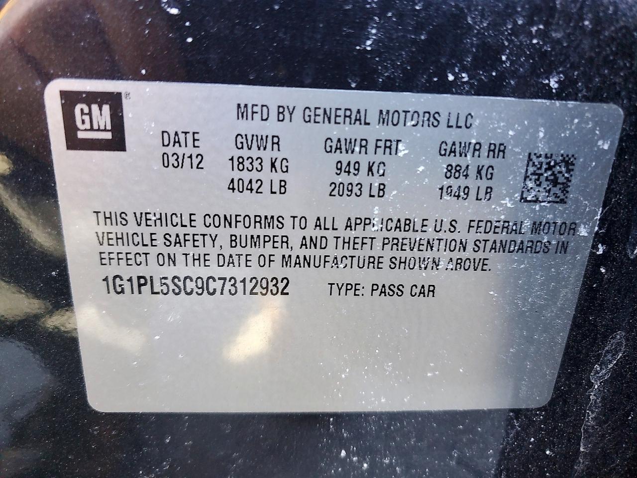 2012 Chevrolet Cruze Lt Black vin: 1G1PL5SC9C7312932