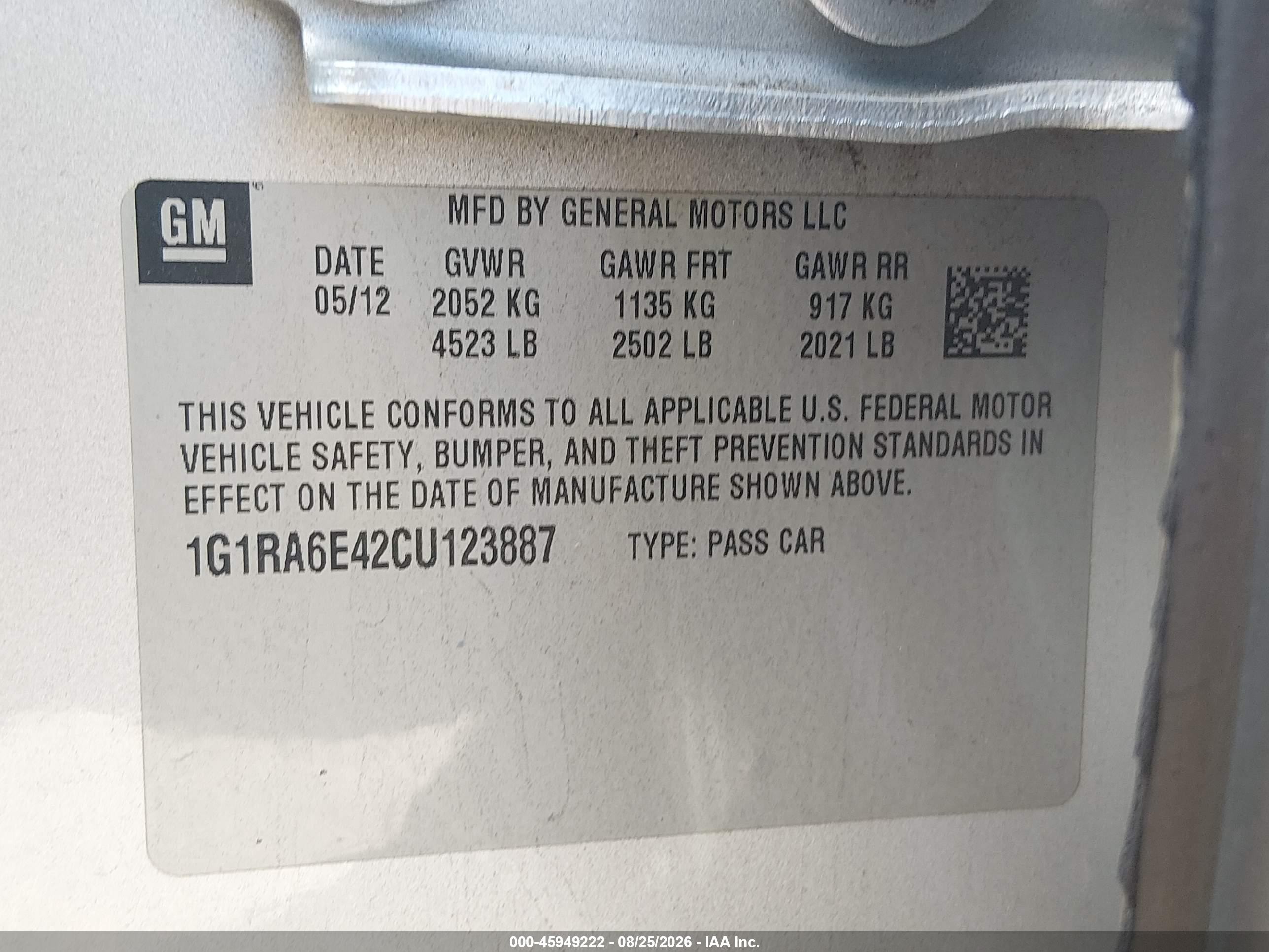 2012 Chevrolet Volt   Серебряный vin: 1G1RA6E42CU123887