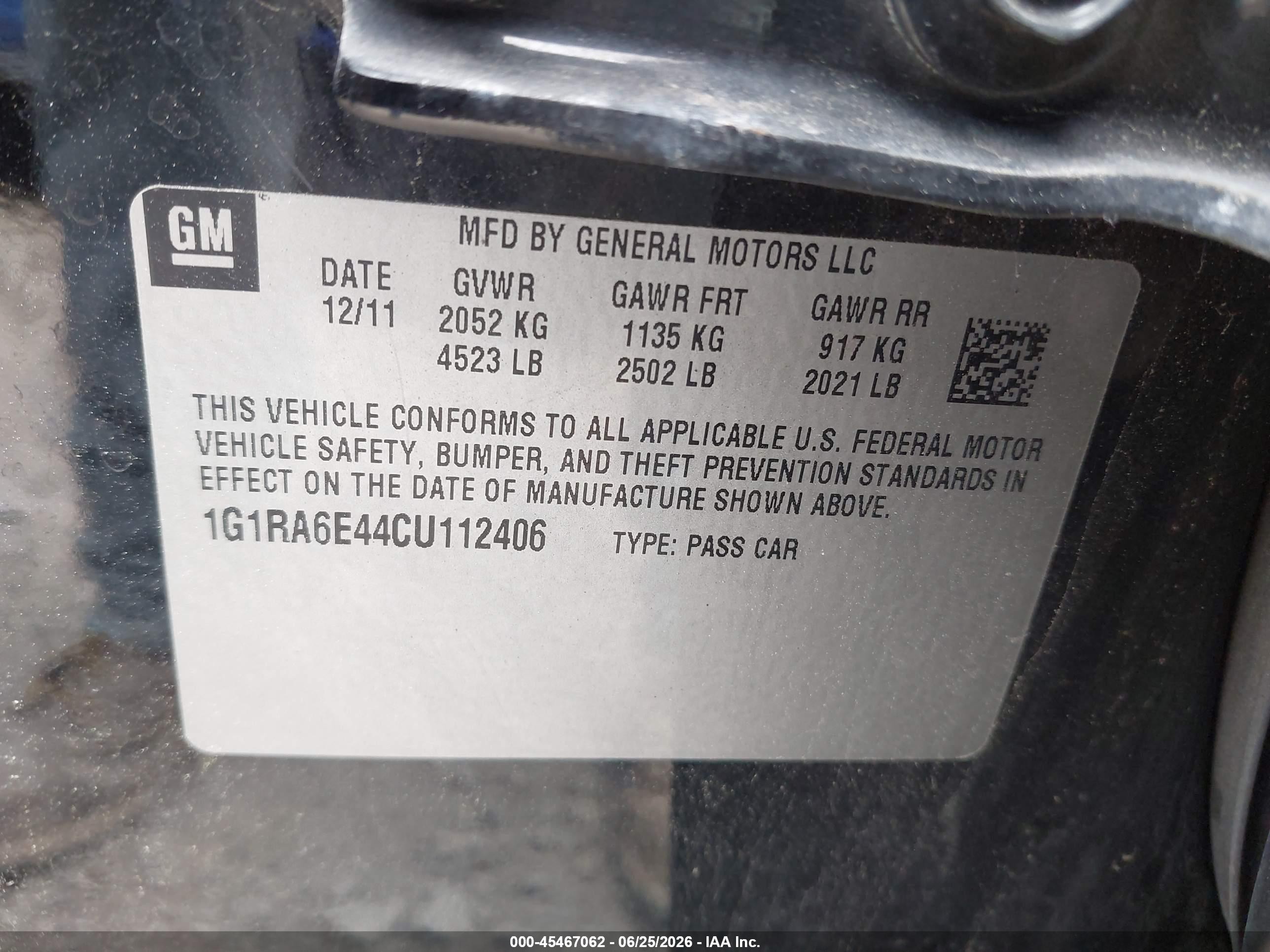 2012 Chevrolet Volt   Black vin: 1G1RA6E44CU112406