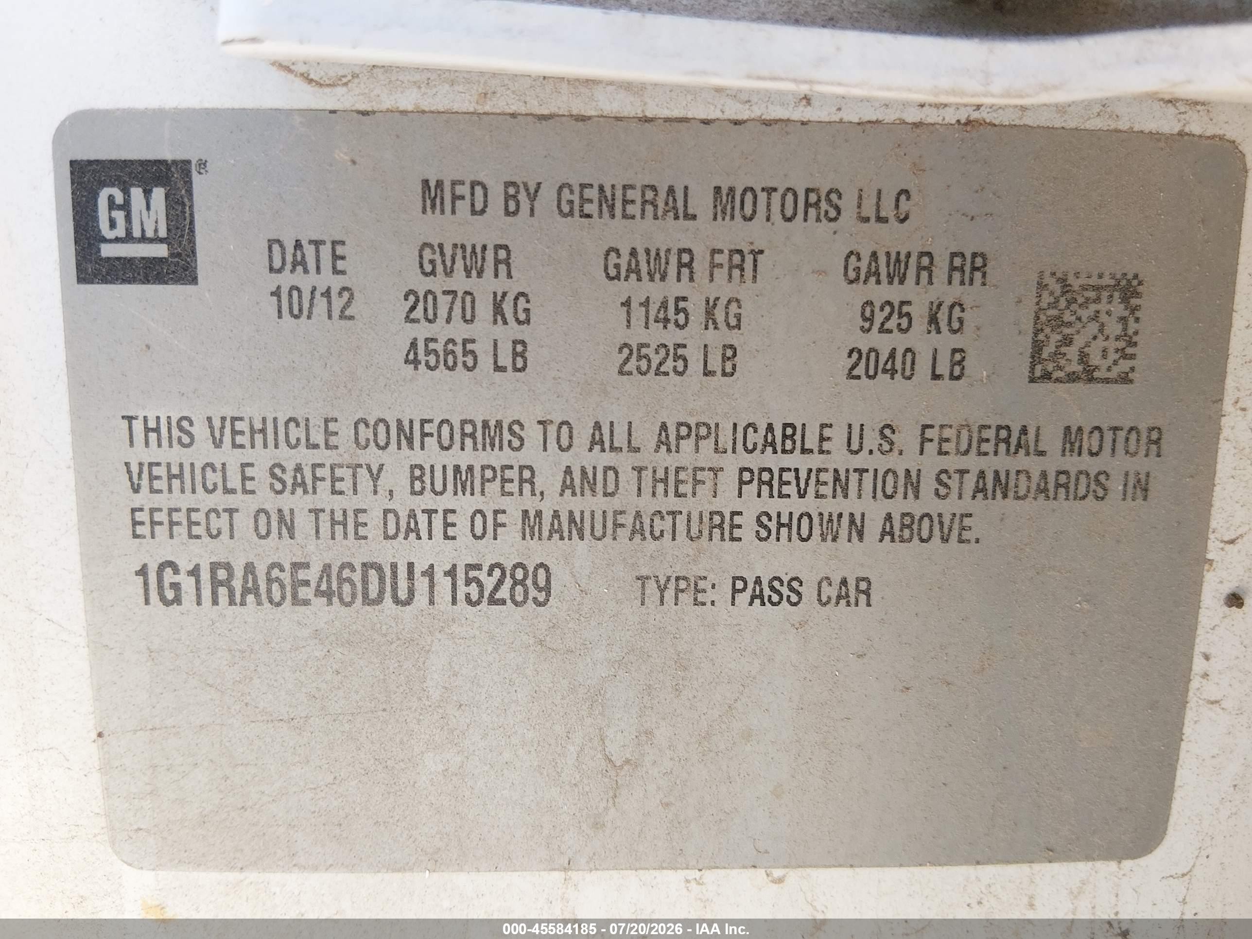 2013 Chevrolet Volt   Белый vin: 1G1RA6E46DU115289
