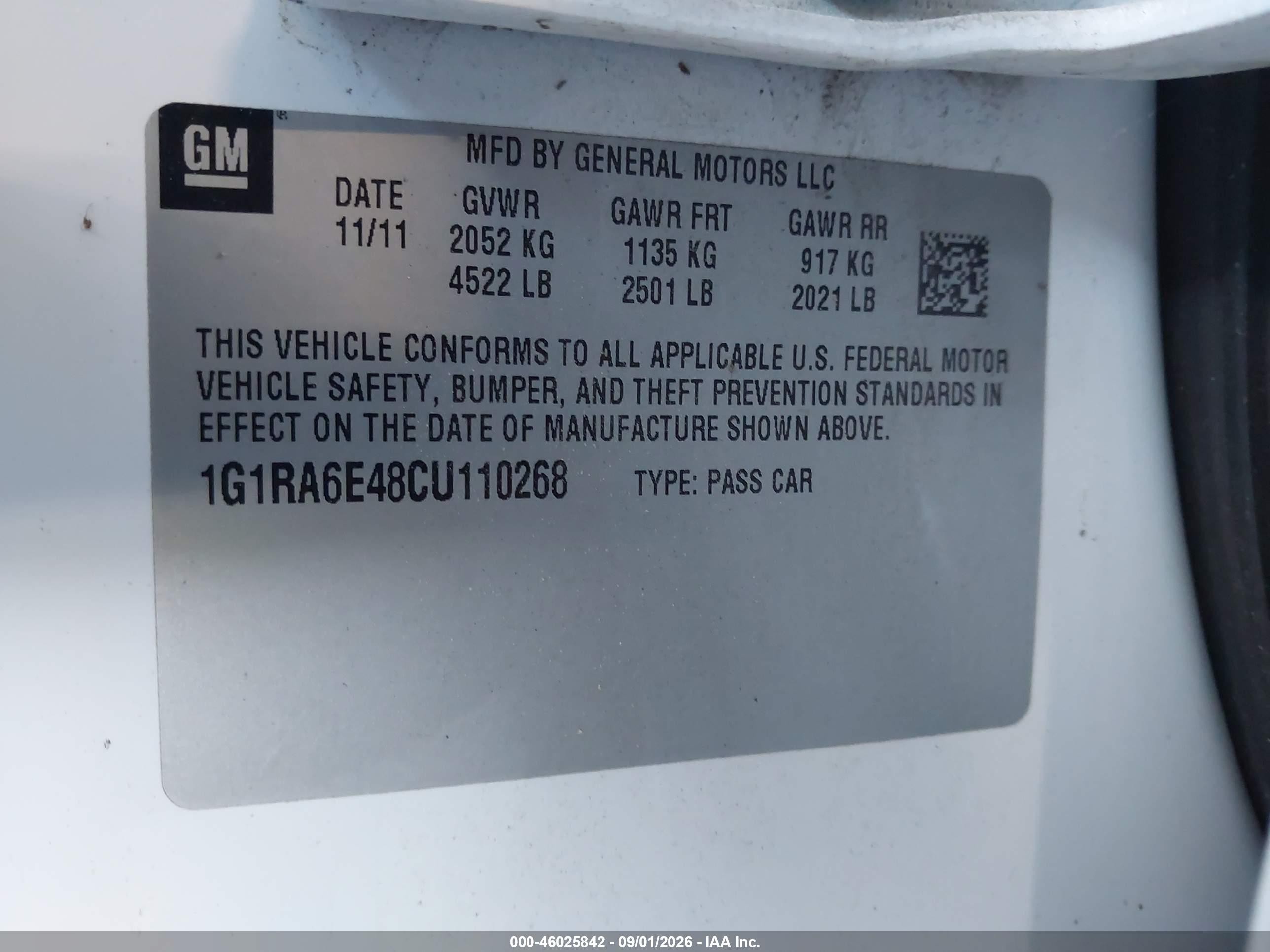 2012 Chevrolet Volt   White vin: 1G1RA6E48CU110268