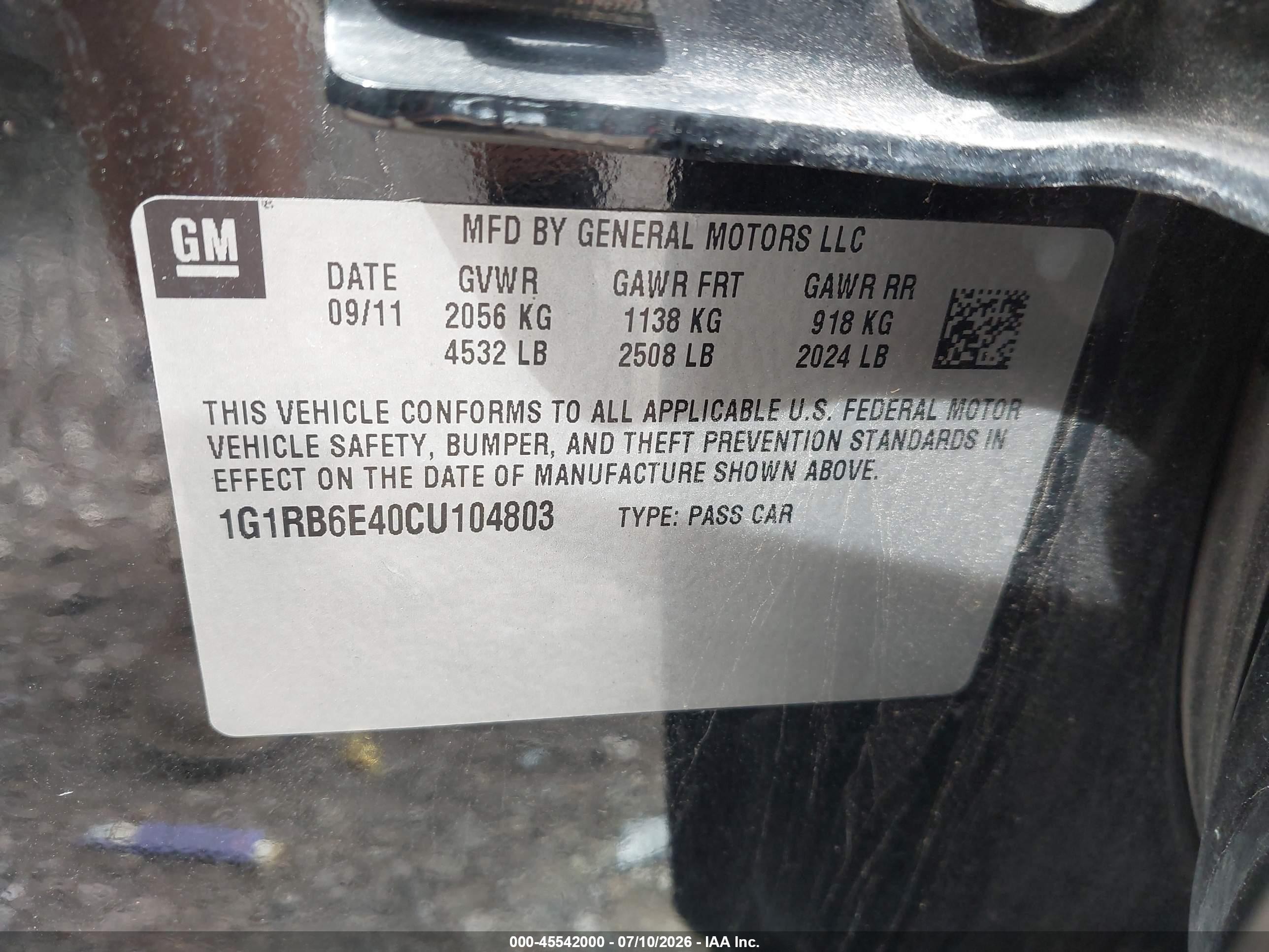 2012 Chevrolet Volt   Black vin: 1G1RB6E40CU104803
