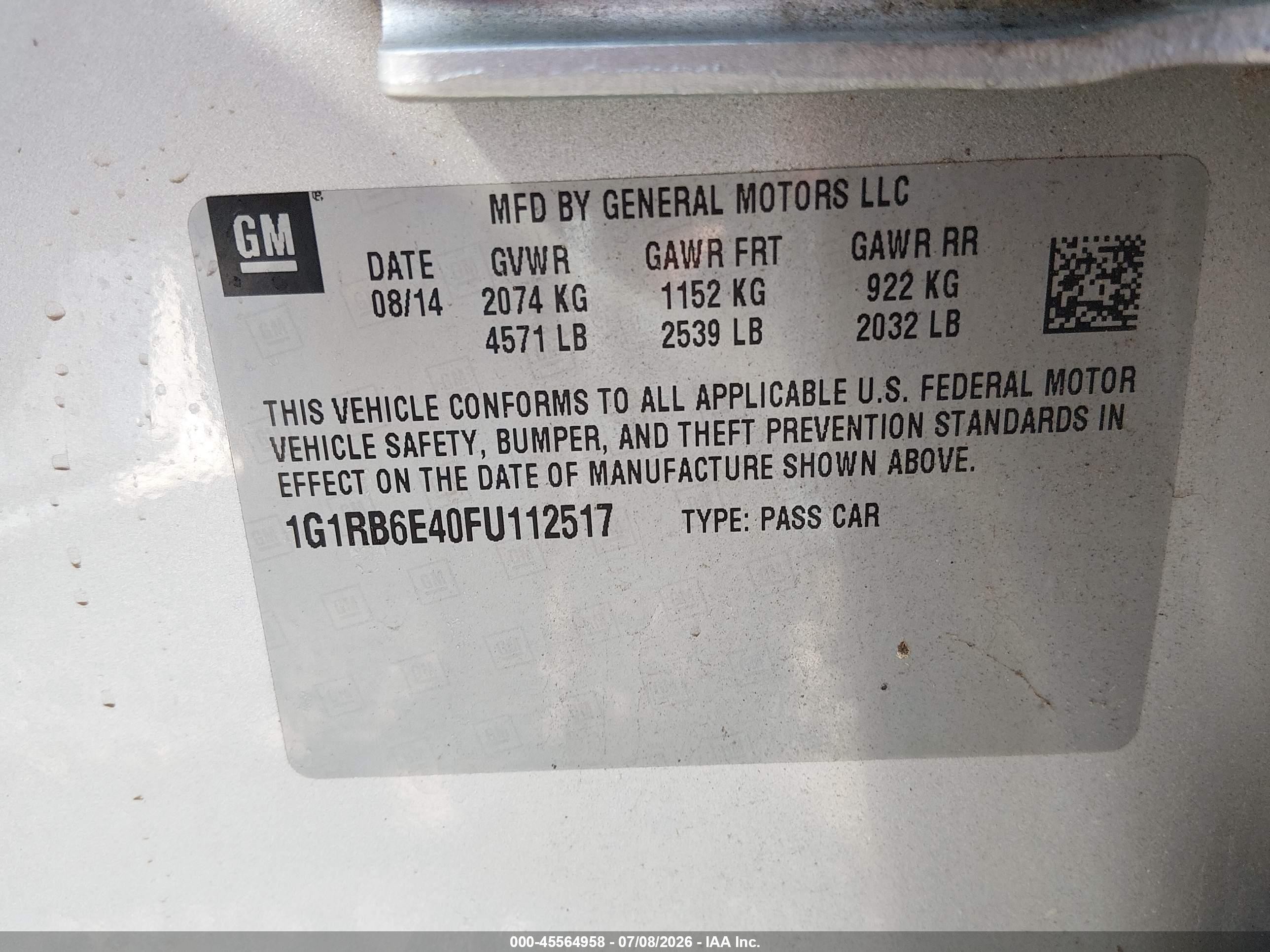 2015 Chevrolet Volt   Gray vin: 1G1RB6E40FU112517