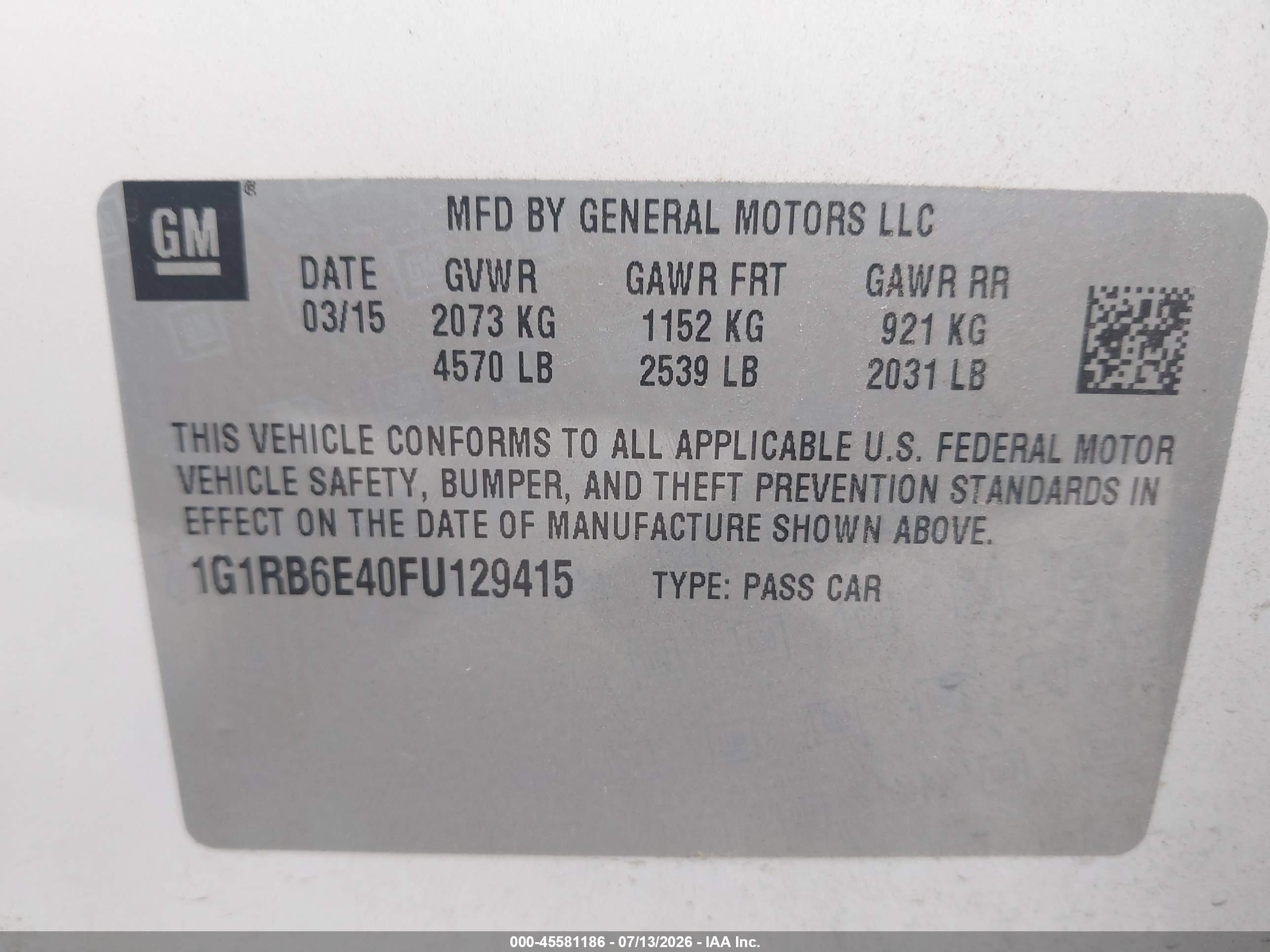 2015 Chevrolet Volt   White vin: 1G1RB6E40FU129415