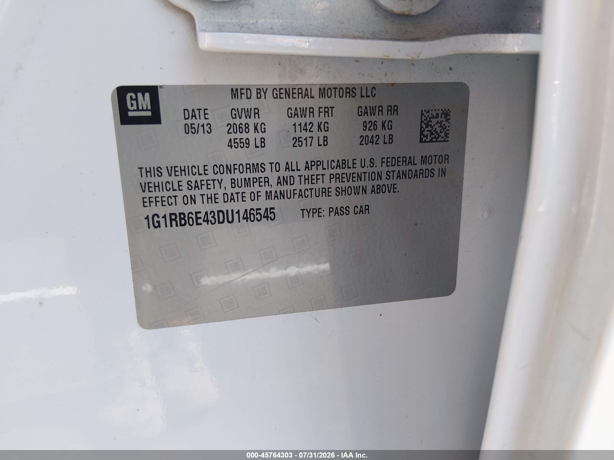 2013 Chevrolet Volt   White vin: 1G1RB6E43DU146545