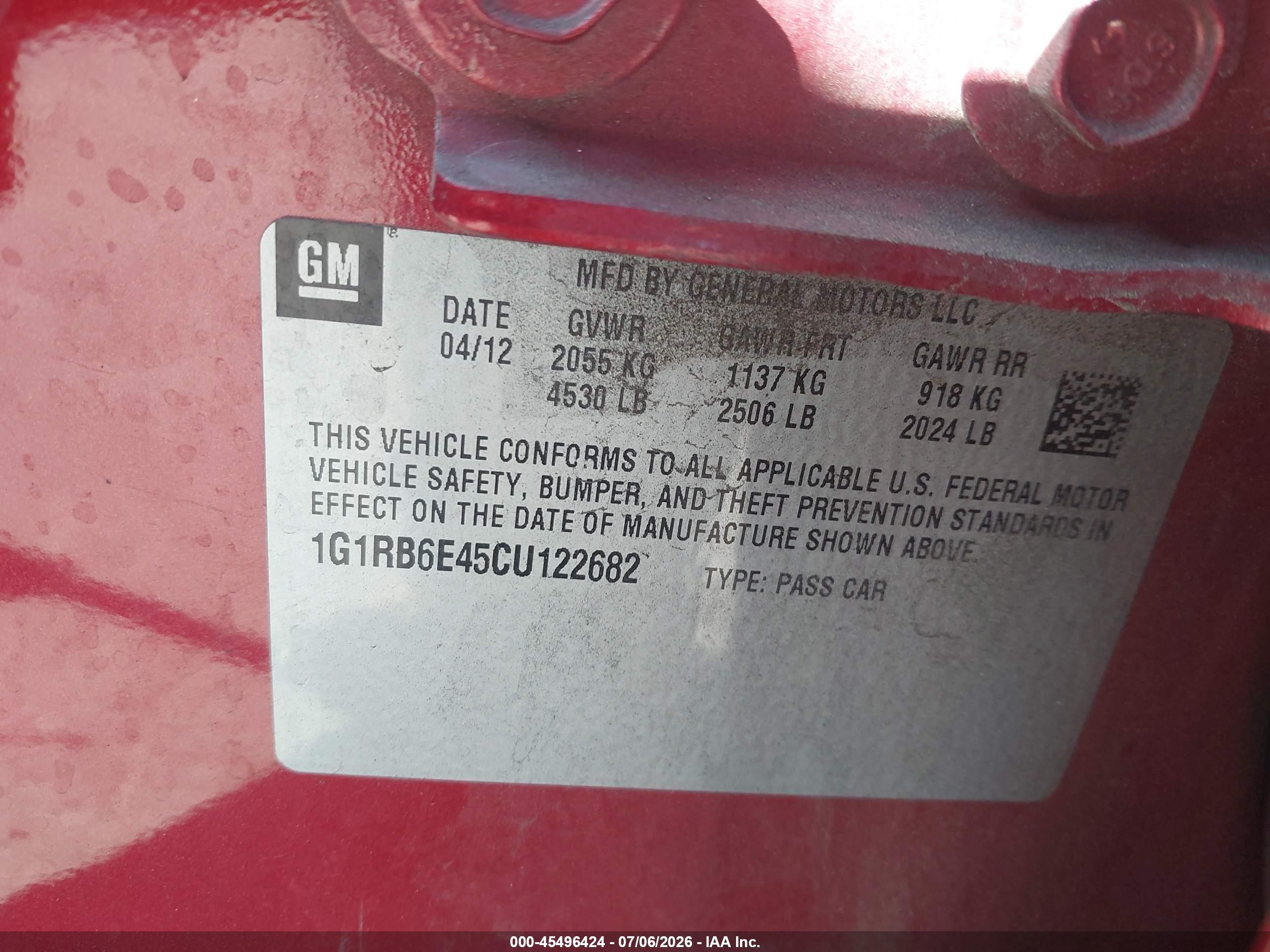 2012 Chevrolet Volt   Red vin: 1G1RB6E45CU122682