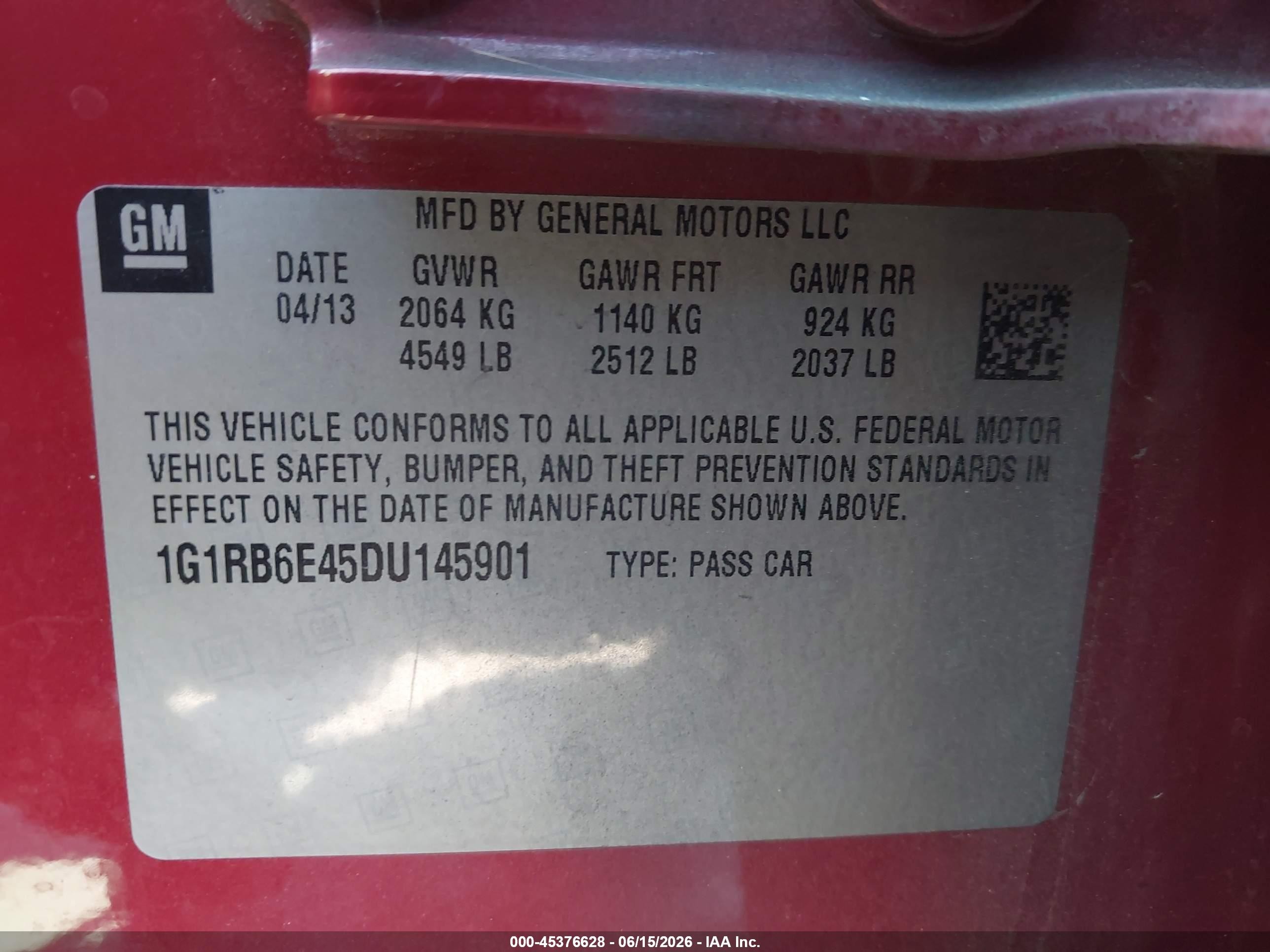 2013 Chevrolet Volt   Red vin: 1G1RB6E45DU145901