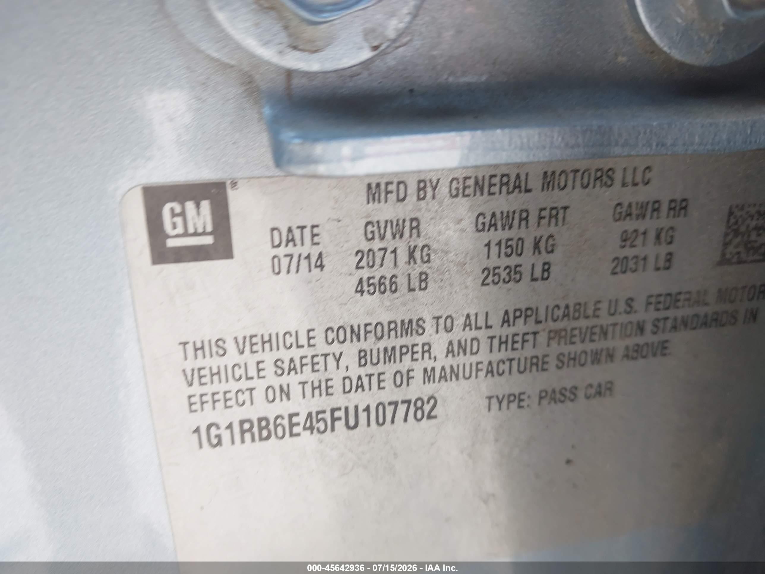 2015 Chevrolet Volt   Light Blue vin: 1G1RB6E45FU107782