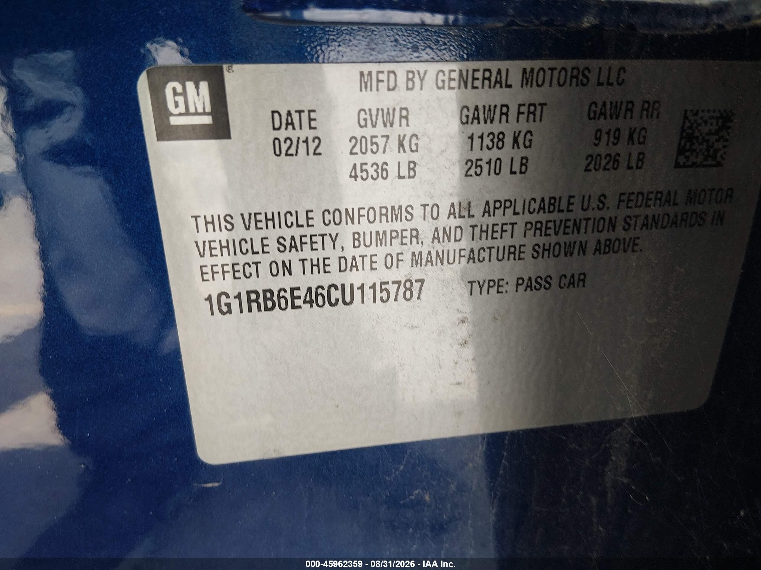 2012 Chevrolet Volt   Blue vin: 1G1RB6E46CU115787