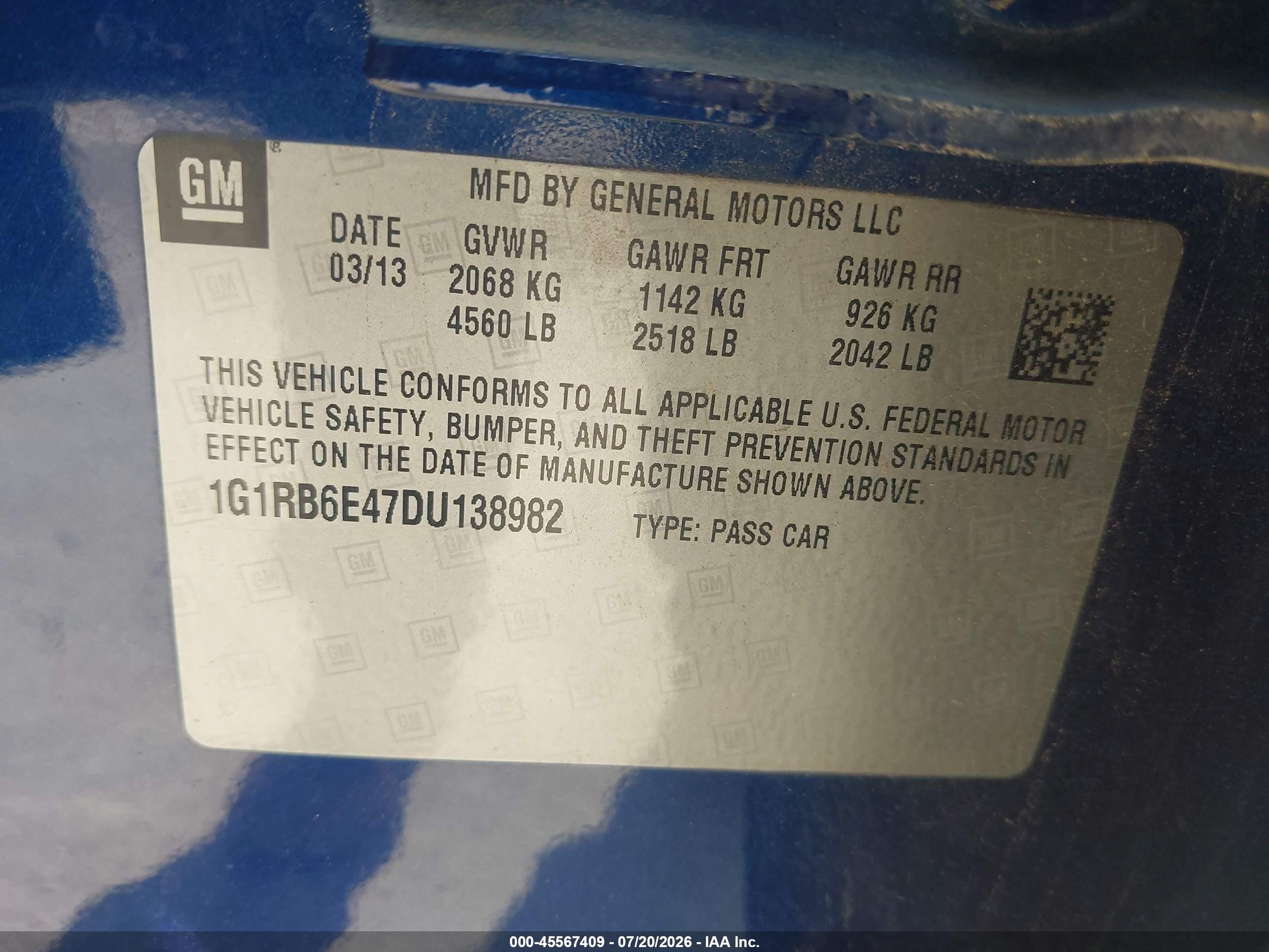 2013 Chevrolet Volt Blue vin: 1G1RB6E47DU138982