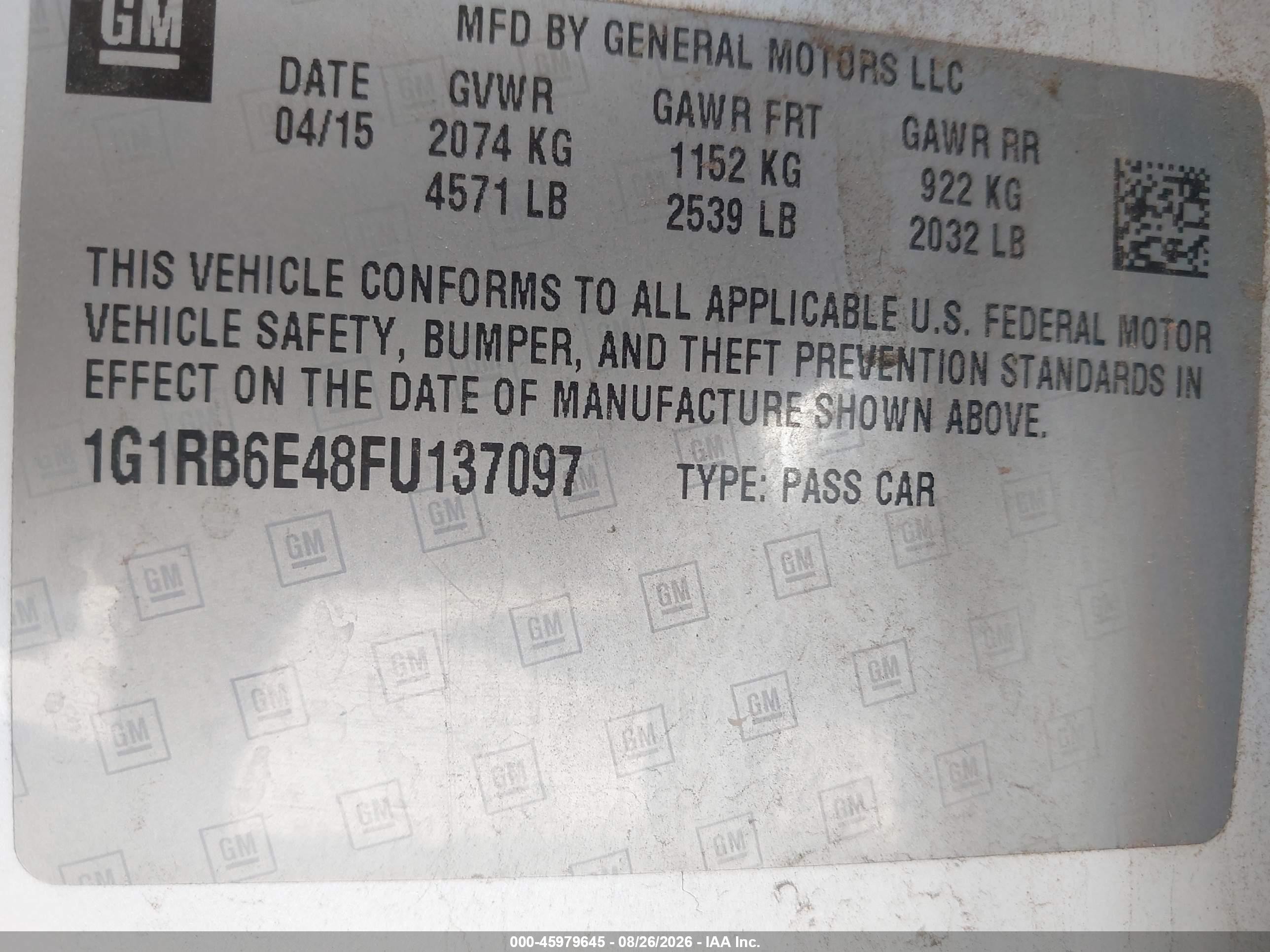 2015 Chevrolet Volt   White vin: 1G1RB6E48FU137097