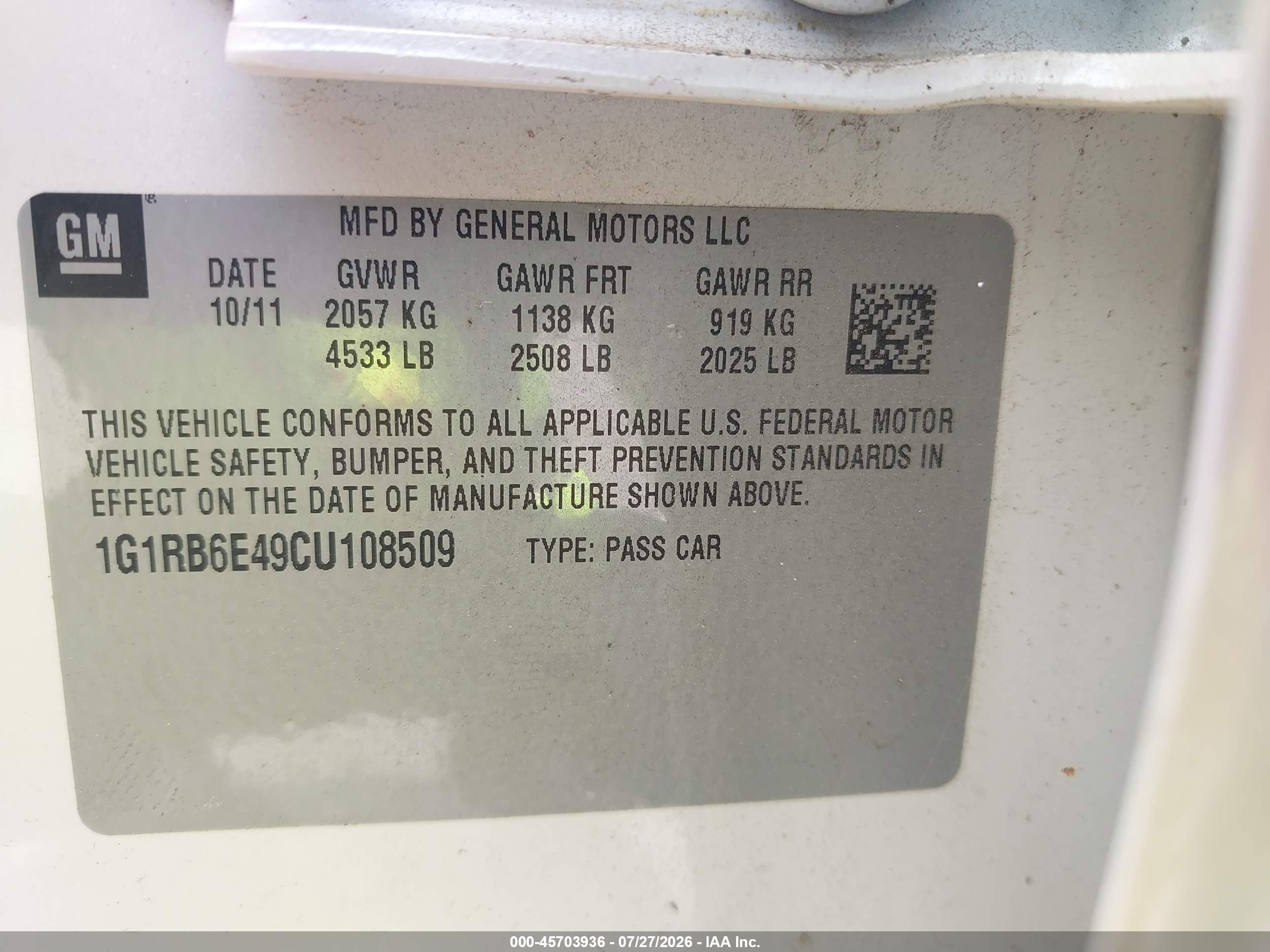 2012 Chevrolet Volt   White vin: 1G1RB6E49CU108509