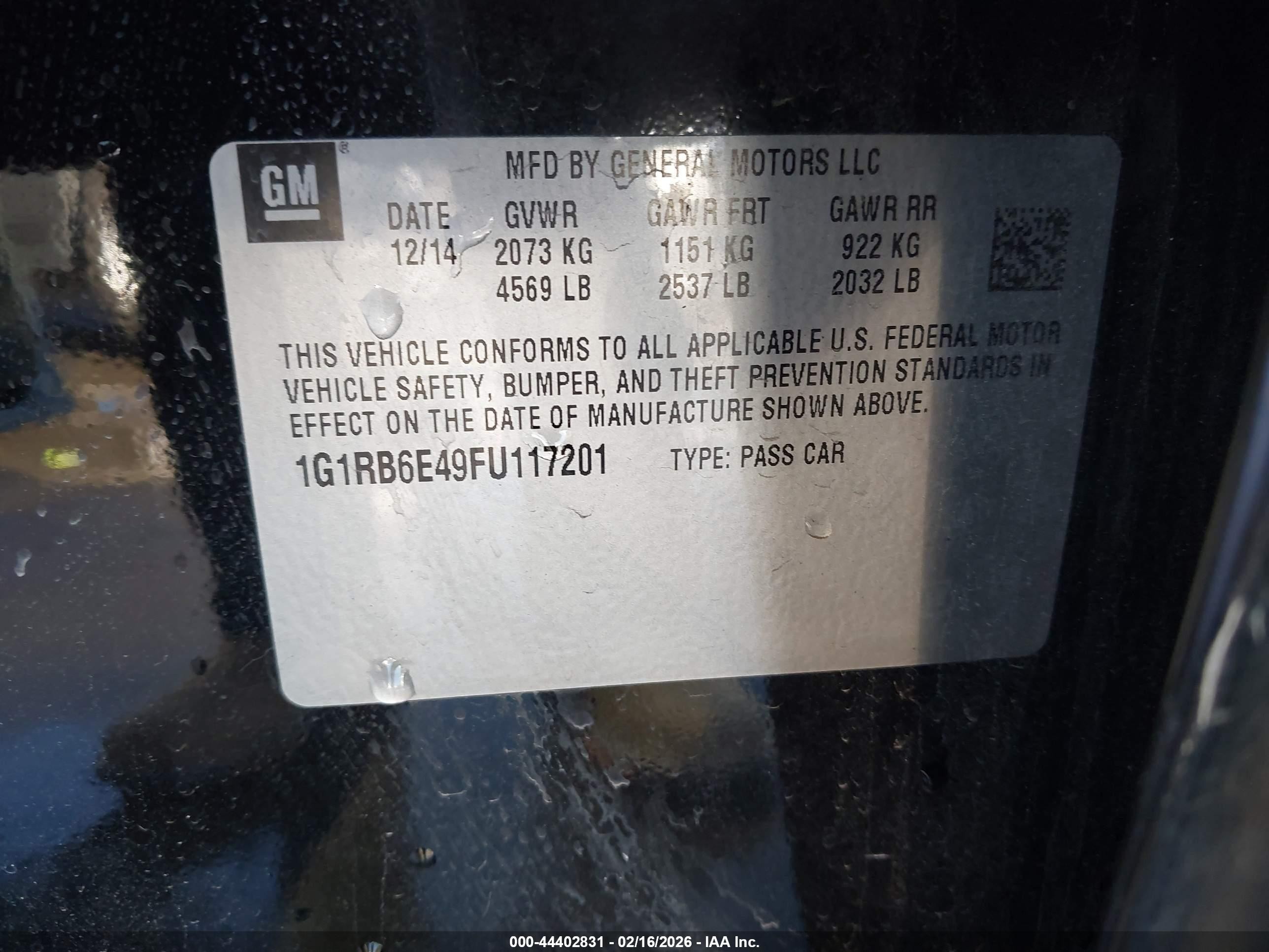 2015 Chevrolet Volt   Черный vin: 1G1RB6E49FU117201