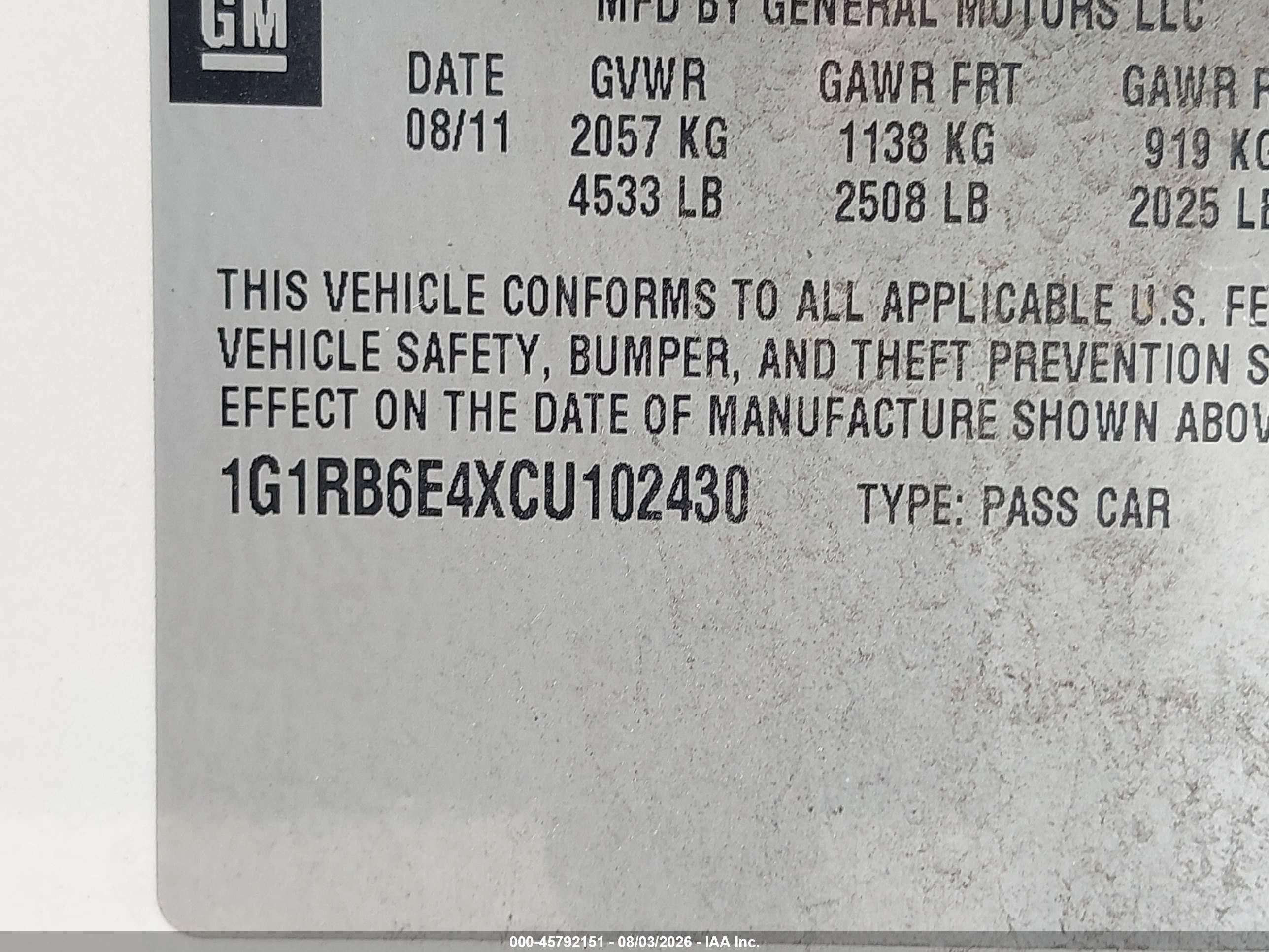 2012 Chevrolet Volt   White vin: 1G1RB6E4XCU102430
