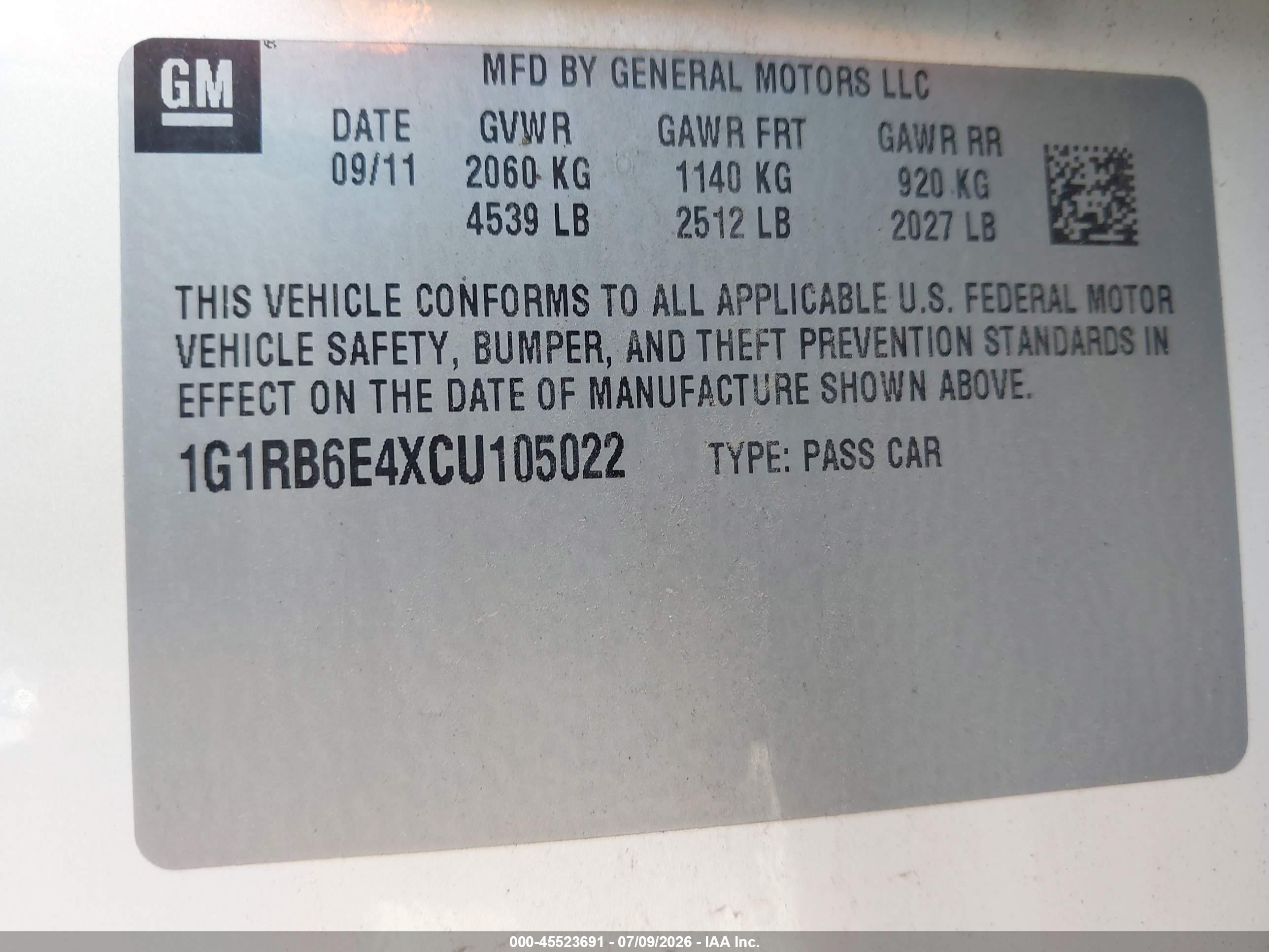 2012 Chevrolet Volt   White vin: 1G1RB6E4XCU105022