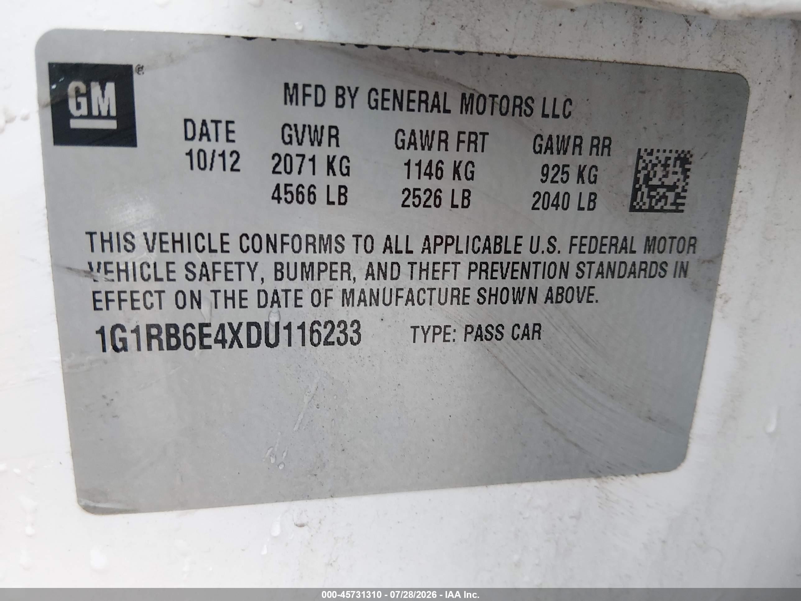 2013 Chevrolet Volt Белый vin: 1G1RB6E4XDU116233