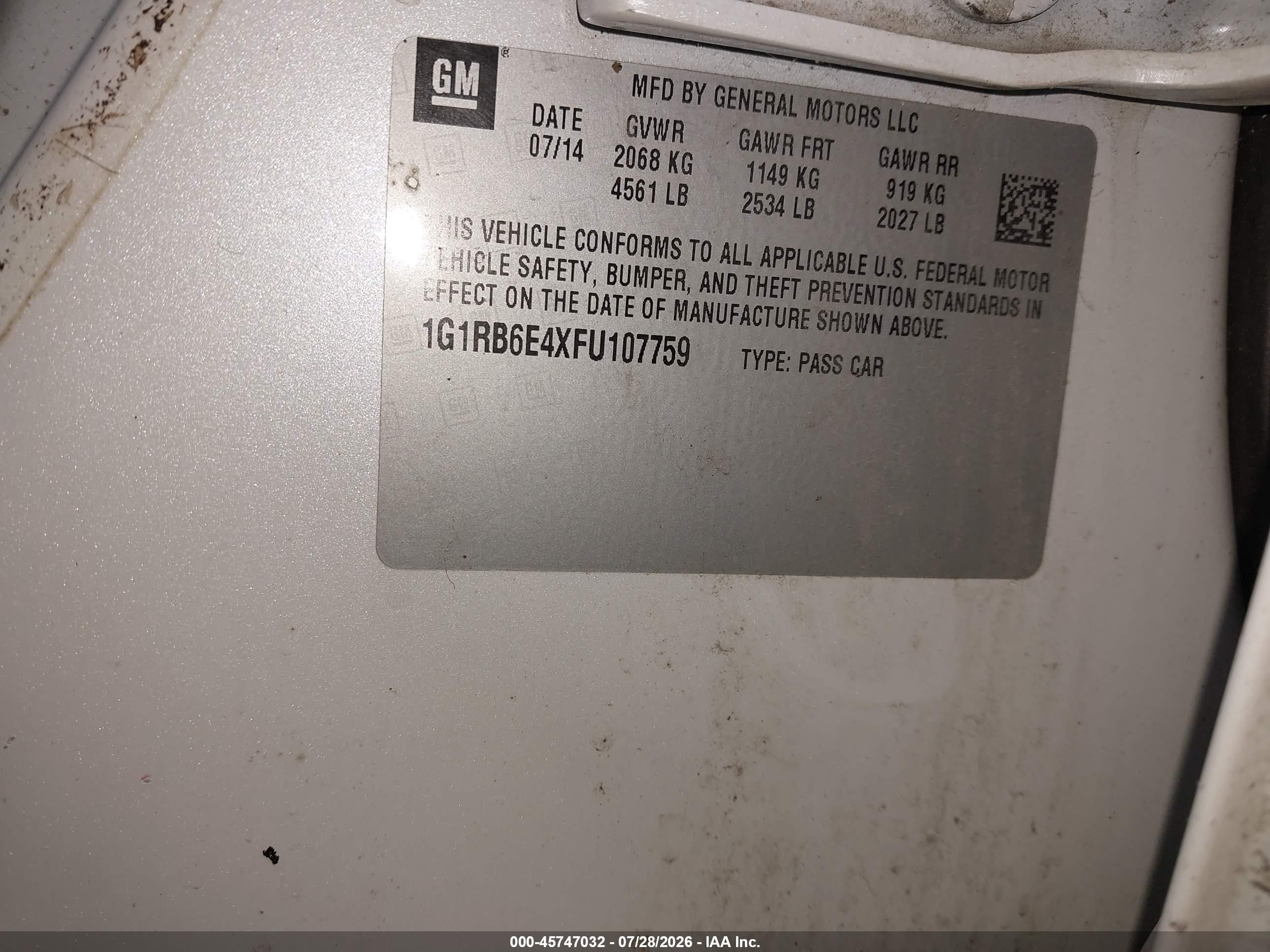 2015 Chevrolet Volt   Белый vin: 1G1RB6E4XFU107759